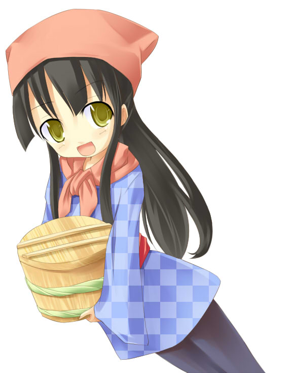 kuro (be ok), original, 1girl, black hair, bucket, female focus, headscarf, long hair, pink headscarf, solo, yellow eyes