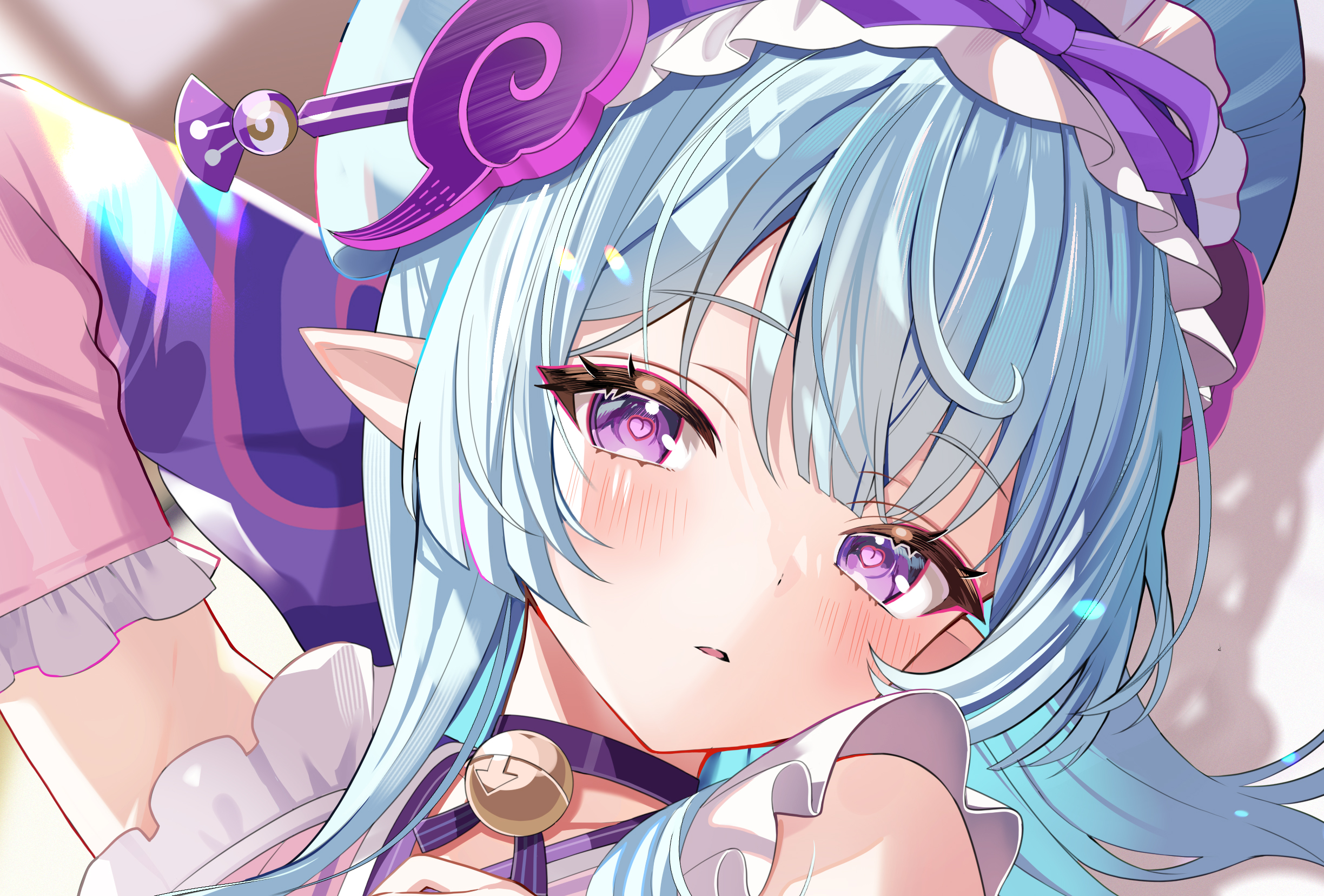 motsunuki, yumemizuki mizuki, genshin impact, commentary, highres, 1girl, arm behind head, arm up, bell, blue hair, blurry, blurry background, blush, close-up, detached sleeves, double-parted bangs, frilled sleeves, frills, heart, heart-shaped pupils, looking at viewer, maid headdress, neck bell, parted lips, pointy ears, purple eyes, purple ribbon, ribbon, solo, symbol-shaped pupils