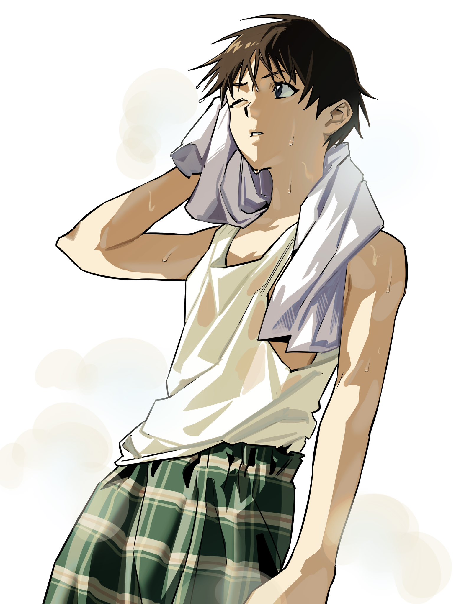 killua0u0, ikari shinji, neon genesis evangelion, commentary, commentary request, highres, 1boy, arm up, bare shoulders, brown hair, cowboy shot, dutch angle, looking to the side, male focus, one eye closed, pajama pants, pants, parted lips, plaid clothes, plaid pants, shirt tucked in, sideways glance, solo, sweat, tank top, teeth, towel, towel around neck, white tank top, wiping face