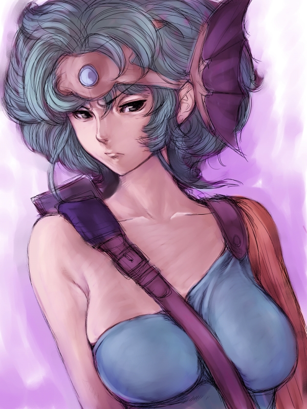 fumio (rsqkr), heroine (dq4), chunsoft, dragon quest, dragon quest iv, enix, square enix, >:|, 1girl, :|, asymmetrical clothes, bare shoulders, between breasts, breasts, circlet, closed mouth, curly hair, female focus, fins, green eyes, green hair, grey eyes, hat, head fins, impossible clothes, large breasts, matching hair/eyes, purple background, serious, shirt, short hair, sideboob, simple background, single-shoulder shirt, sketch, solo, strap between breasts, upper body, v-shaped eyebrows