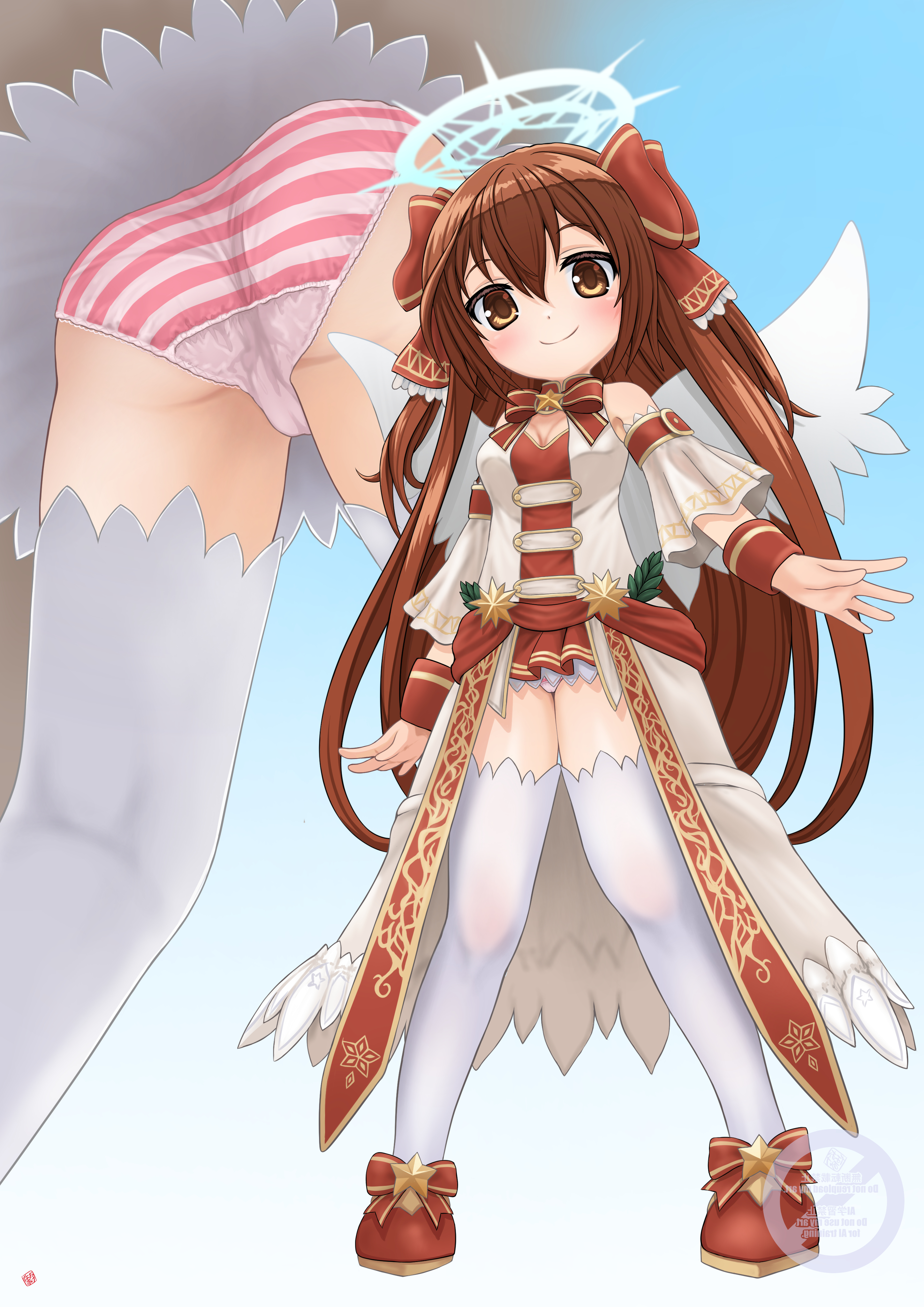 nao suke, stella lore, emil chronicle online, absurdres, highres, 1girl, blue background, bow, breasts, brown eyes, brown hair, detached sleeves, from below, hair bow, halo, jacket, long hair, medium breasts, multiple views, neck ribbon, panties, pantyshot, pink panties, red bow, red shirt, red shoes, red skirt, red wrist cuffs, ribbon, shirt, shoes, skirt, smile, solo, striped clothes, striped panties, thighhighs, two side up, underwear, watermark, white jacket, white sleeves, white thighhighs, white wings, wings, wrist cuffs