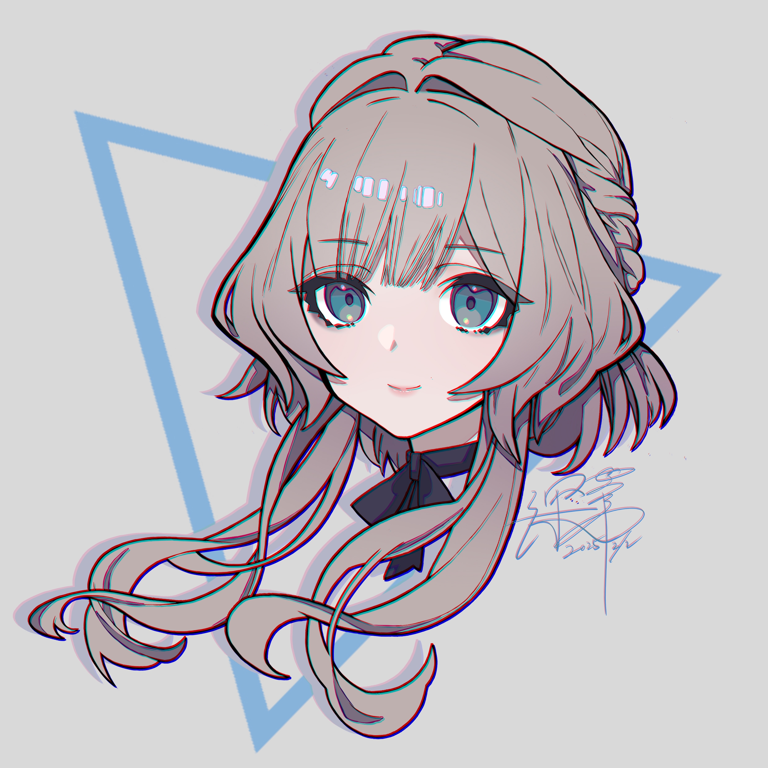 shendi 2021, sandrone (genshin impact), genshin impact, absurdres, highres, 1girl, black ribbon, blue eyes, grey background, grey hair, hair intakes, long hair, neck ribbon, ribbon, smile, solo
