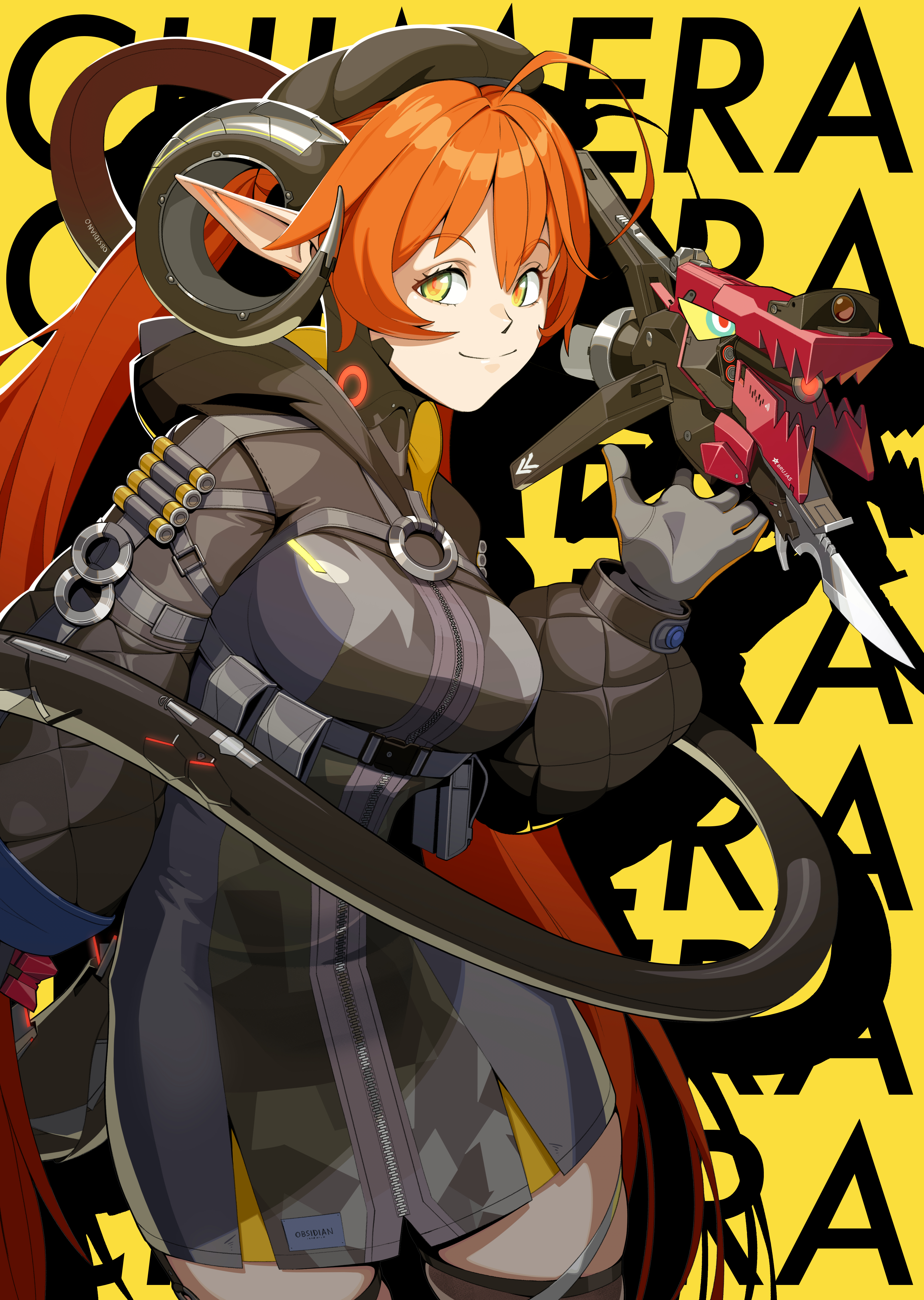 inkarat, magus (zenless zone zero), orphie magnusson, zenless zone zero, absurdres, highres, 1girl, breasts, dragon girl, dragon horns, gloves, hair between eyes, hat, horns, jacket, long hair, mechanical tail, orange hair, pointy ears, smile, tail, thighhighs, twintails