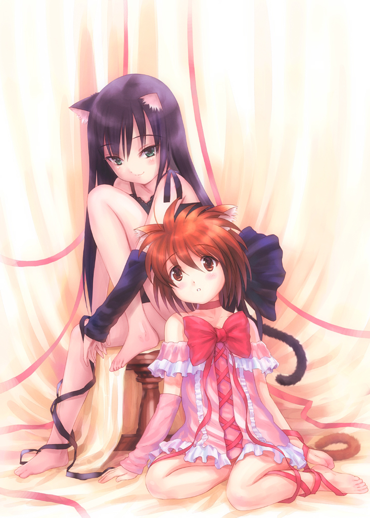 goto p, 2girls, animal ears, barefoot, cat ears, cat tail, feet, multiple girls, ribbon, sitting, tail