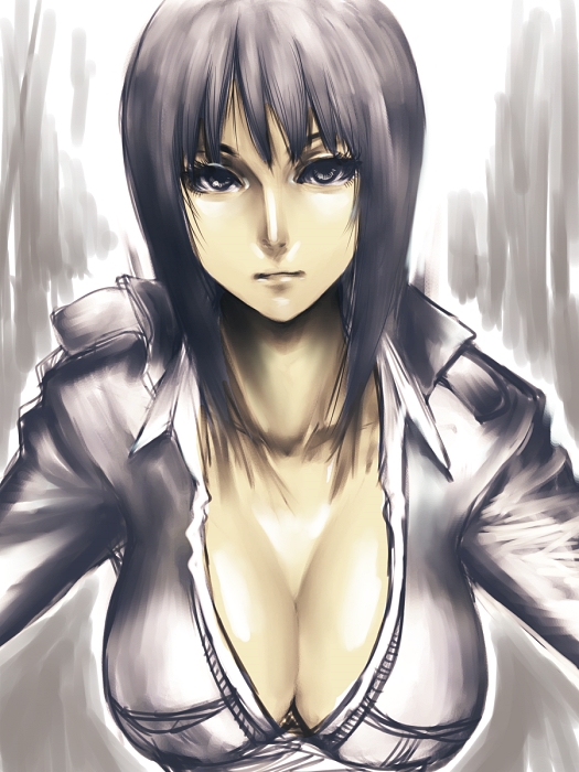 fumio (rsqkr), nico robin, nico robin (water 7), one piece, 1girl, black hair, breasts, cleavage, enies lobby, female focus, jacket, large breasts, leather, leather jacket, lips, short hair, solo