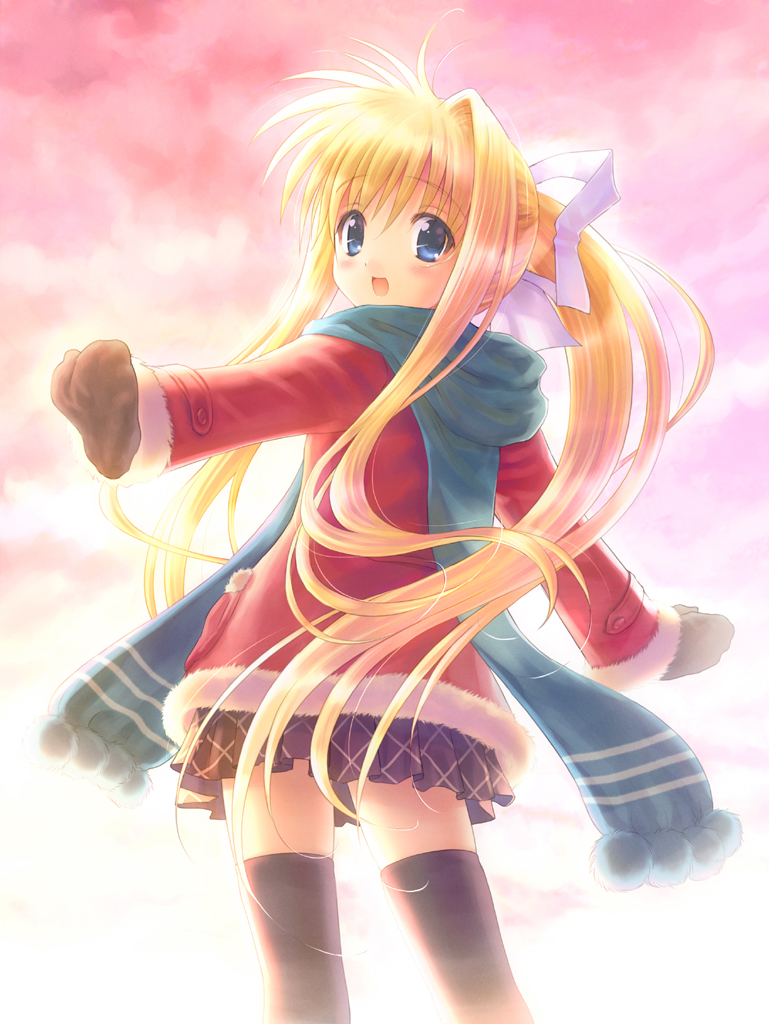 goto p, kamio misuzu, air (visual novel), 00s, 1girl, blonde hair, blue eyes, female focus, gloves, long hair, looking at viewer, open mouth, ponytail, scarf, skirt, solo, thighhighs, very long hair