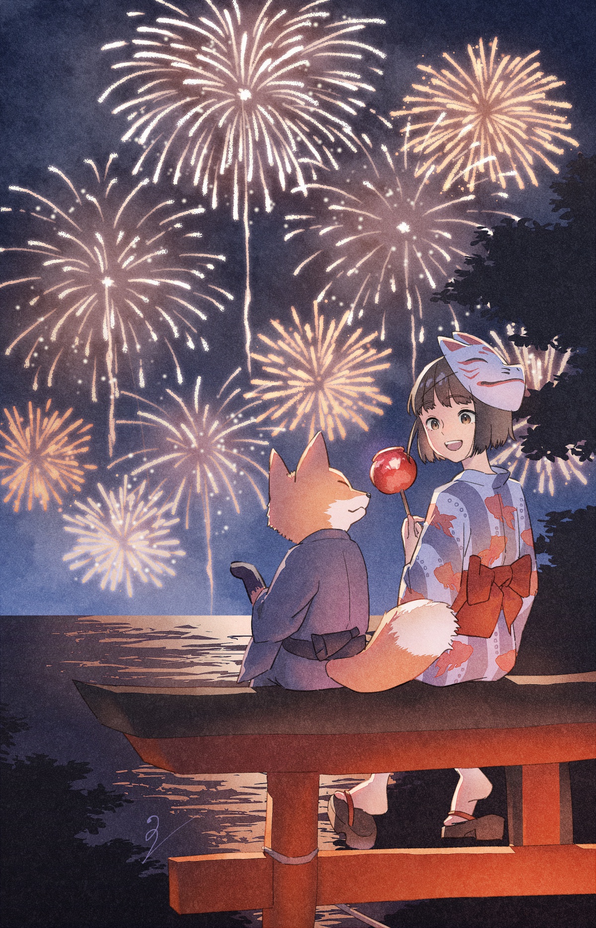 ito yoshi, original, commentary request, highres, 1girl, aerial fireworks, animal, bob cut, bow, brown hair, candy apple, film grain, fireworks, food, fox, fox mask, holding, holding candy apple, holding food, japanese clothes, kimono, kitsune, looking at animal, looking to the side, mask, night, night sky, obi, open mouth, outdoors, print kimono, red bow, sash, short hair, signature, sitting, sitting on torii, sky, smile, striped clothes, striped kimono, torii, turning head, vertical-striped clothes, vertical-striped kimono