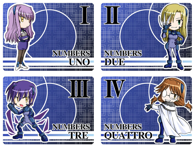 furafura, due (nanoha), numbers (nanoha), quattro (nanoha), tre (nanoha), uno (nanoha), lyrical nanoha, mahou shoujo lyrical nanoha, mahou shoujo lyrical nanoha strikers, 00s, 4girls, blue bodysuit, bodysuit, chibi, glasses, multiple girls, pantyhose