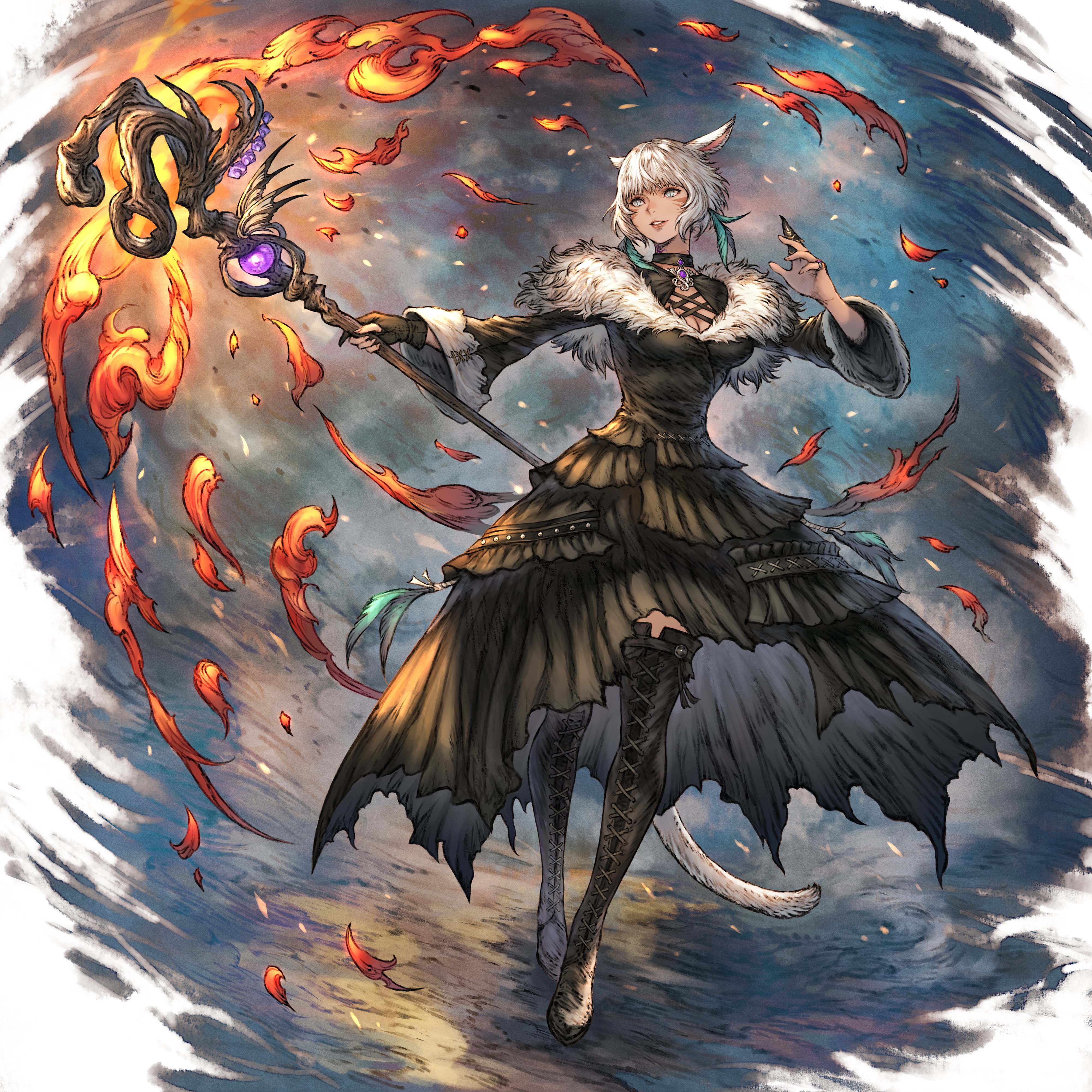makimura shunsuke, final fantasy, final fantasy xiv, absurdres, character request, highres, 1girl, black boots, black dress, boots, breasts, cleavage, dress, fire, full body, grey hair, holding, holding staff, medium breasts, short hair, solo, staff, thigh boots