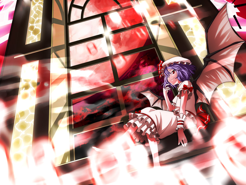 nazo kichi, remilia scarlet, touhou, 1girl, female focus, hat, indoors, moon, sky, solo, wings