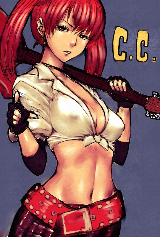fumio (rsqkr), candy cane (rumble roses), rumble roses, 1girl, curvy, female focus, gloves, guitar, instrument, pointing, red hair, sleeves rolled up, solo, twintails