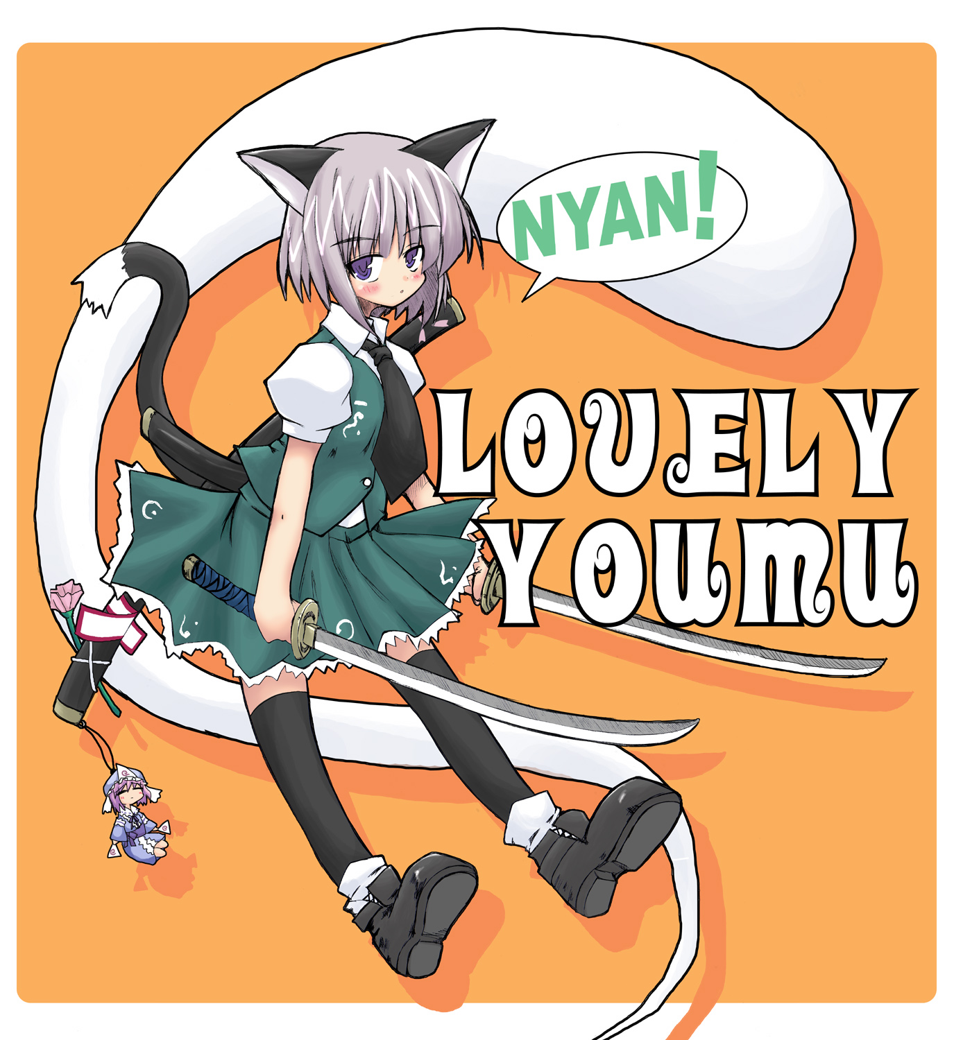 konpaku youmu, konpaku youmu (ghost), saigyouji yuyuko, touhou, highres, 1girl, animal ears, cat ears, cat girl, cat tail, dual wielding, female focus, holding, katana, kemonomimi mode, nyan, solo, sword, tail, tanto, thighhighs, weapon
