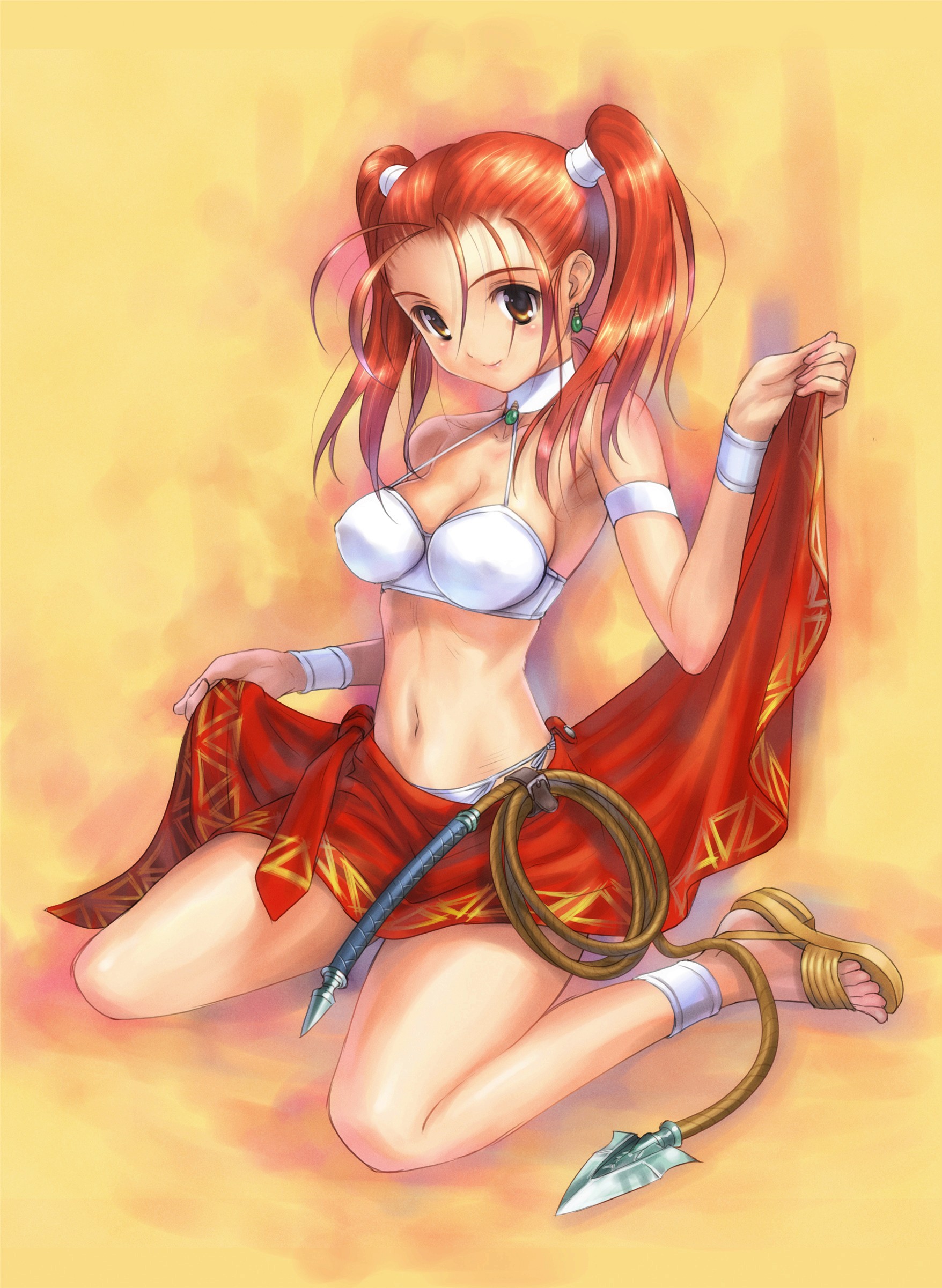 goto p, jessica albert, dragon quest, dragon quest viii, square enix, absurdres, highres, 1girl, alternate costume, bikini, dancer's costume (dq), earrings, female focus, jewelry, red hair, solo, swimsuit, twintails, whip, yellow eyes
