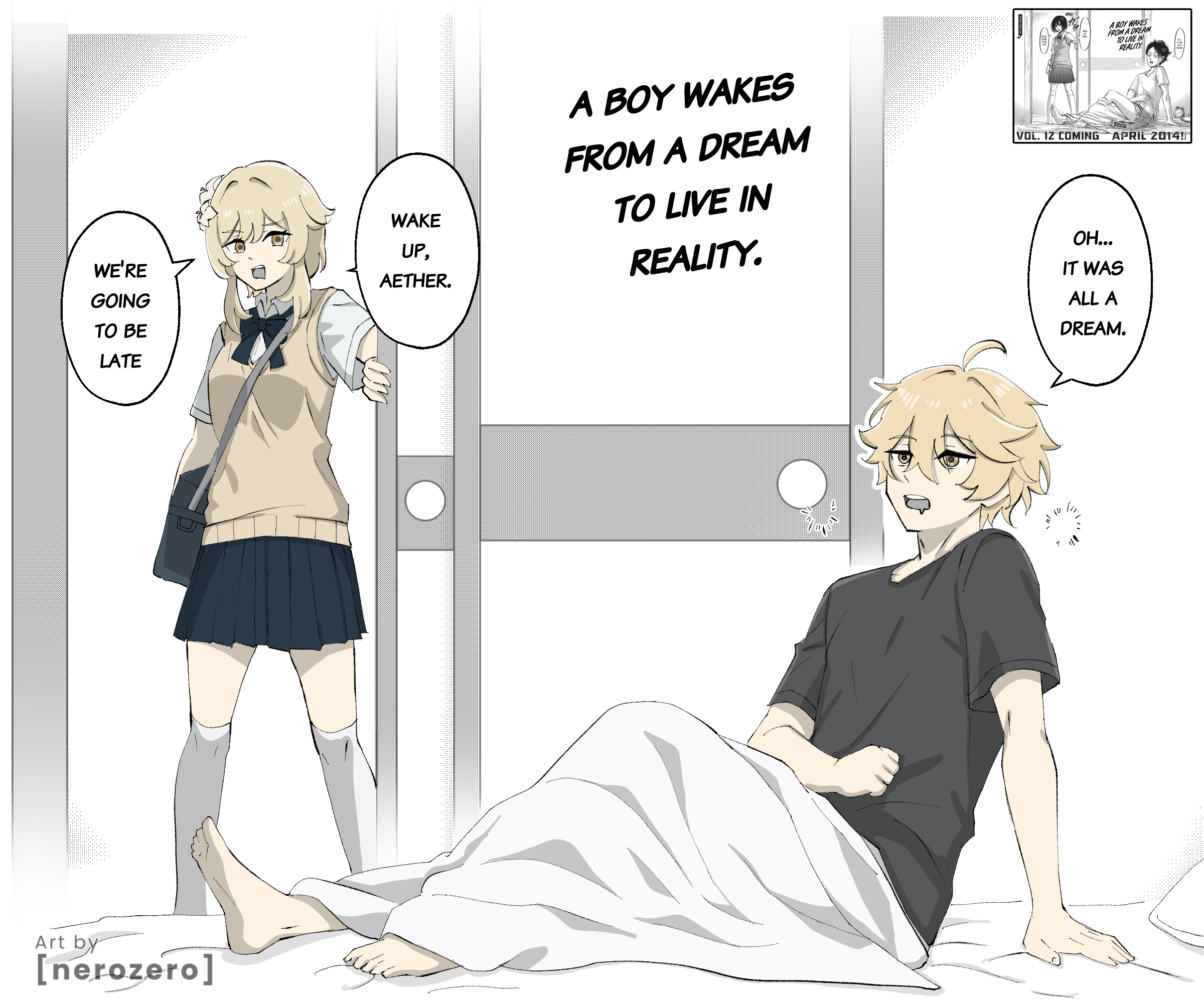 nerozero, aether (genshin impact), lumine (genshin impact), genshin impact, highres, 1boy, 1girl, ahoge, alternate costume, artist name, bag, black shirt, blanket, blonde hair, breasts, flower, hair flower, hair ornament, handbag, kneehighs, medium hair, miniskirt, reference inset, shirt, sidelocks, skirt, sleepy, small breasts, socks, speech bubble, white socks