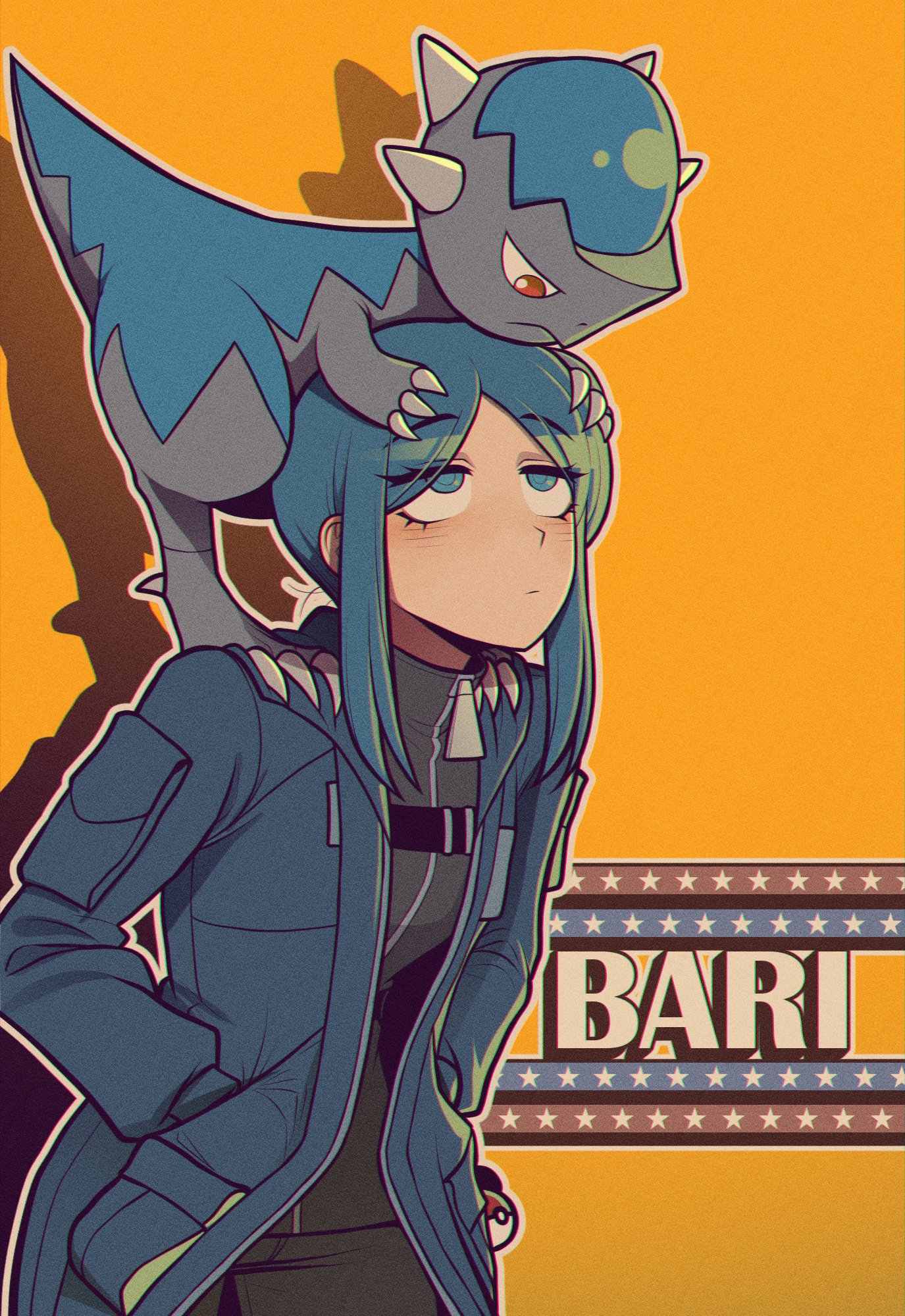 misg1111, bari (project moon), cranidos, library of ruina, limbus company, nintendo, pokemon, project moon, highres, 1girl, black pants, black shirt, blue coat, blue eyes, blue hair, character name, claws, coat, gen 4 pokemon, looking at another, pants, poke ball, pokemon (creature), red eyes, shirt, short hair, sidelocks, simple background, standing, upper body, yellow background