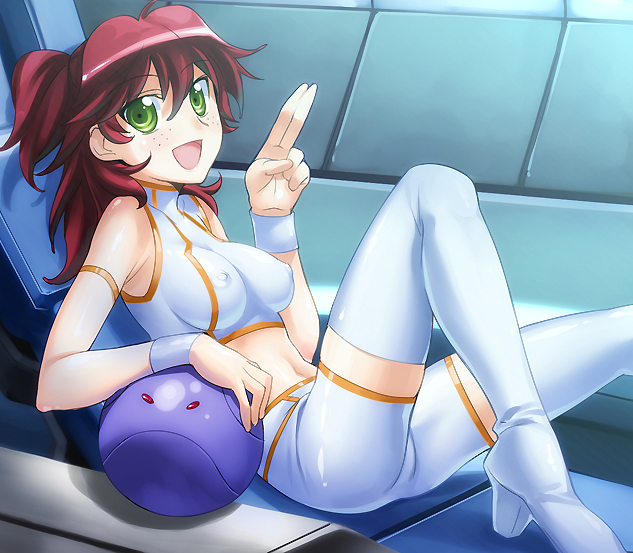 chikugen shiina, bad haro, haro, nena trinity, gundam, gundam 00, 00s, 1girl, bike shorts, breasts, covered erect nipples, crop top, female focus, freckles, green eyes, medium breasts, red hair, solo, thighhighs, two side up, v, yellow eyes