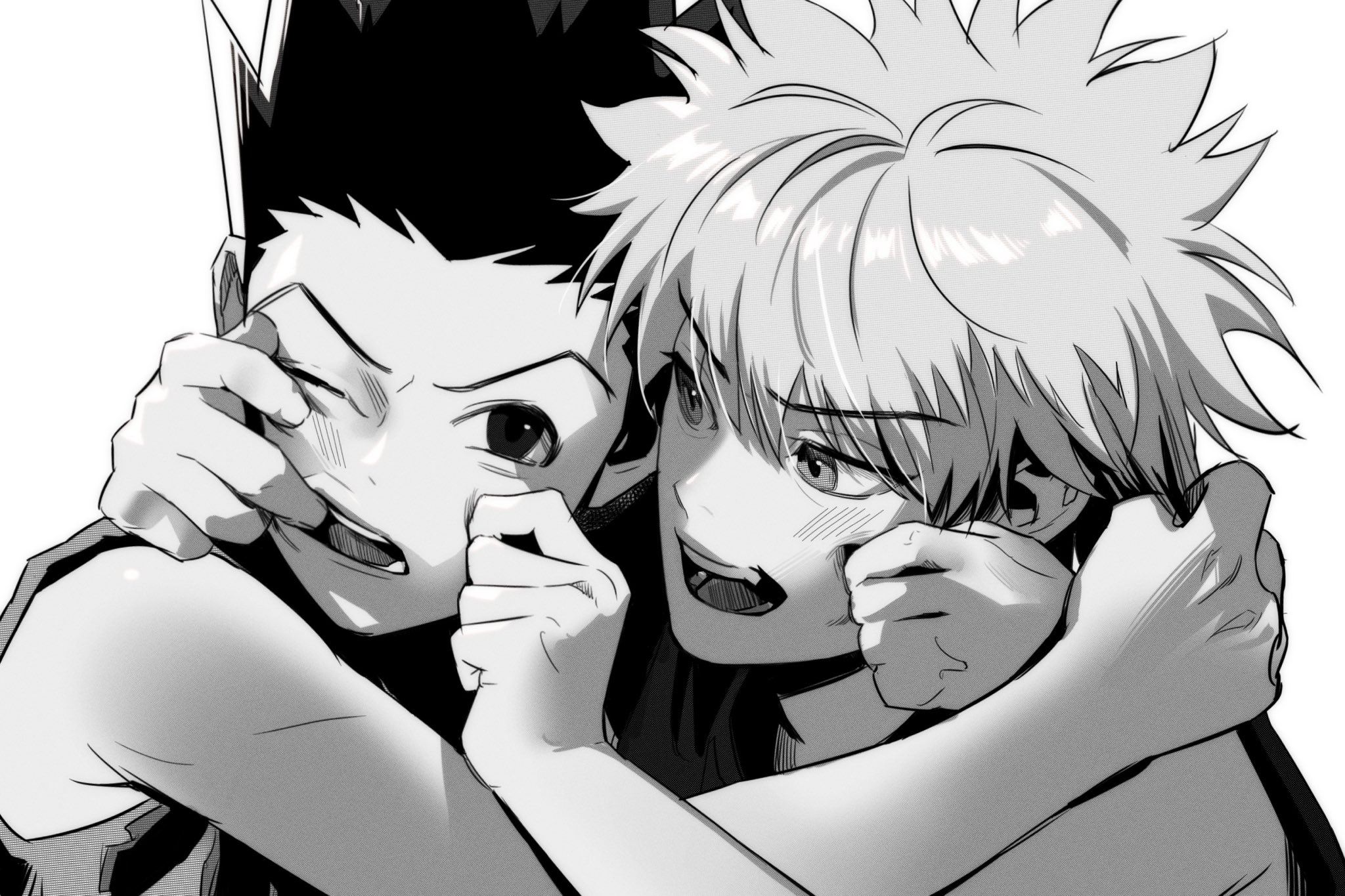 killua0u0, gon freecss, killua zoldyck, hunter x hunter, commentary request, highres, korean commentary, 2boys, arm around neck, bare shoulders, blush, cheek pinching, finger in another's mouth, greyscale, male focus, monochrome, multiple boys, one eye closed, open mouth, pinching, shirt, short hair, simple background, skindentation, teeth, tongue, upper body, white background, widow's peak