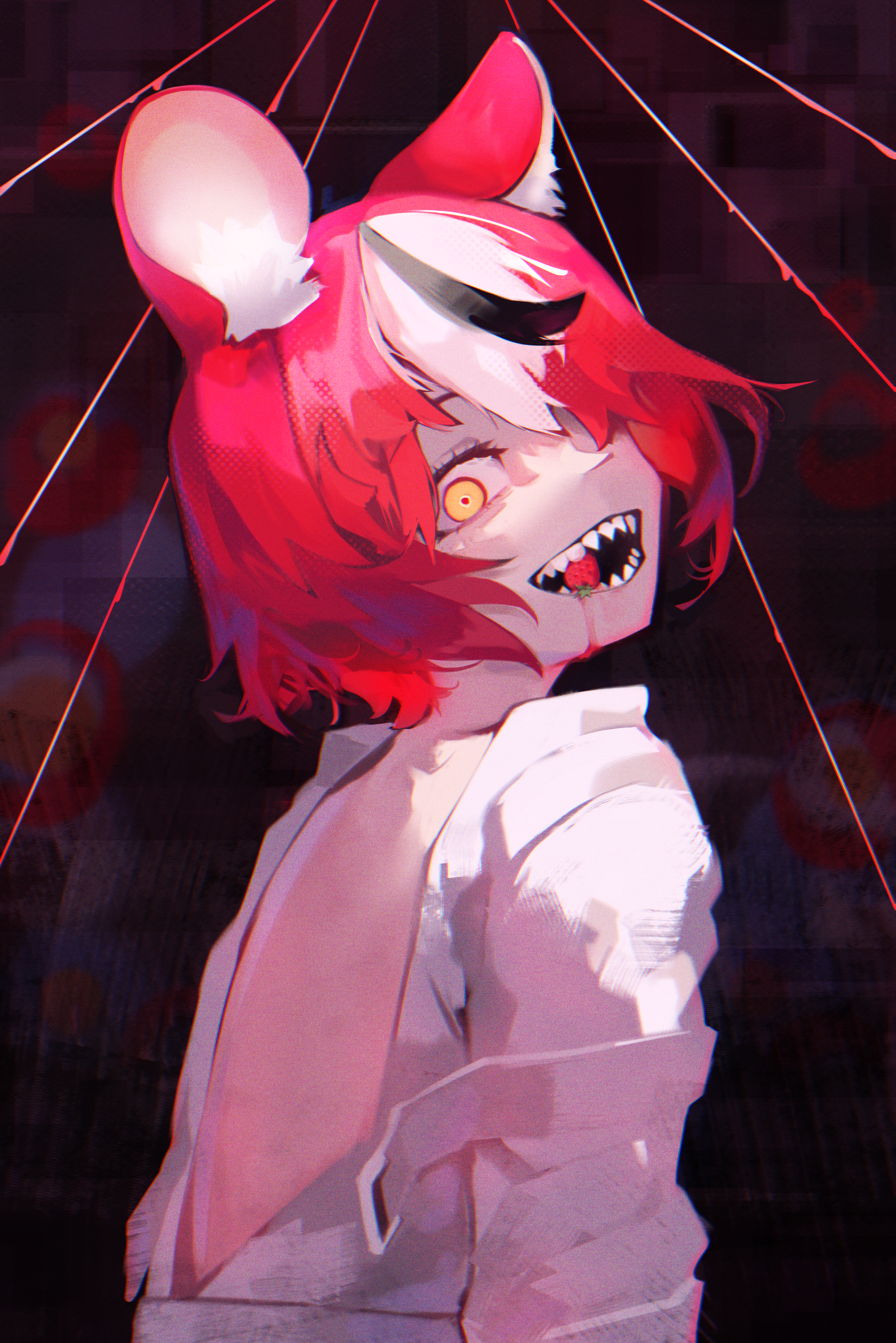 namiorii, hakos baelz, hololive, hololive english, absurdres, highres, 1girl, animal ears, black hair, crazy grin, hair over one eye, looking at viewer, mouse ears, mouse girl, multicolored hair, open mouth, psycho (hololive), red hair, sharp teeth, solo, straitjacket, streaked hair, teeth, upper body, virtual youtuber, white hair, yellow eyes