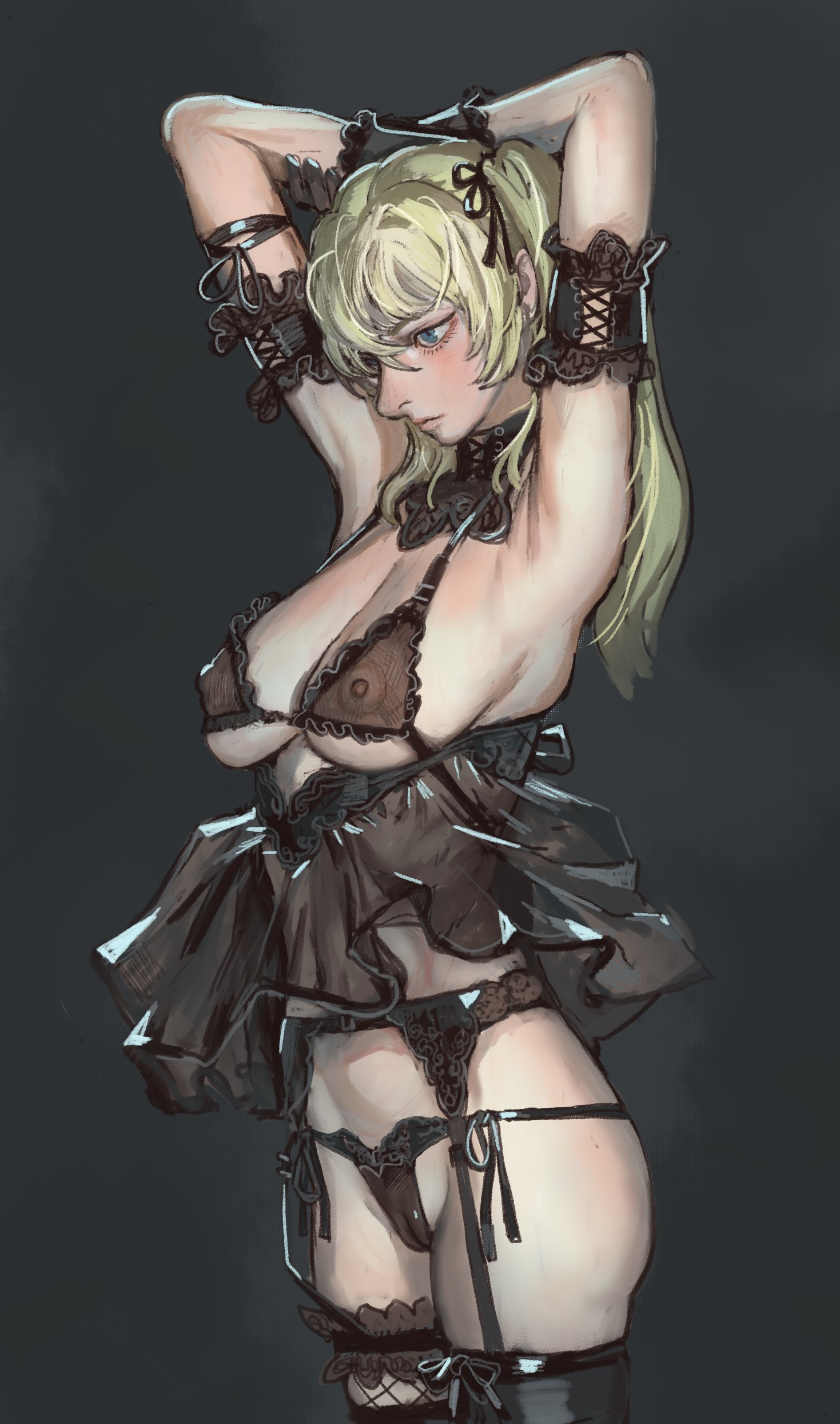 mossacannibalis, ani (xai), xai (company), absurdres, highres, 1girl, armpits, bikini, black dress, blonde hair, blue eyes, breasts, dress, goth fashion, large breasts, nipples, pantyhose, revealing clothes, see-through clothes, simple background, swimsuit
