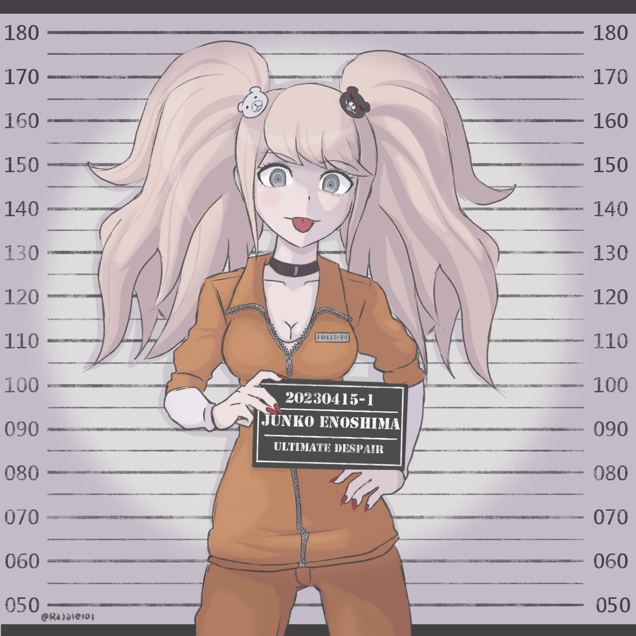 rajaie101, enoshima junko, danganronpa: trigger happy havoc, danganronpa (series), commentary, english commentary, highres, 1girl, bear hair ornament, blonde hair, breasts, character name, cleavage, collared jacket, english text, eyelashes, hair ornament, hand on own hip, height mark, holding, holding sign, jacket, long hair, mugshot, nail polish, orange jacket, orange pants, pants, prison clothes, red nails, shirt, sign, solo, tongue, tongue out, twintails, twitter username, white shirt, zipper