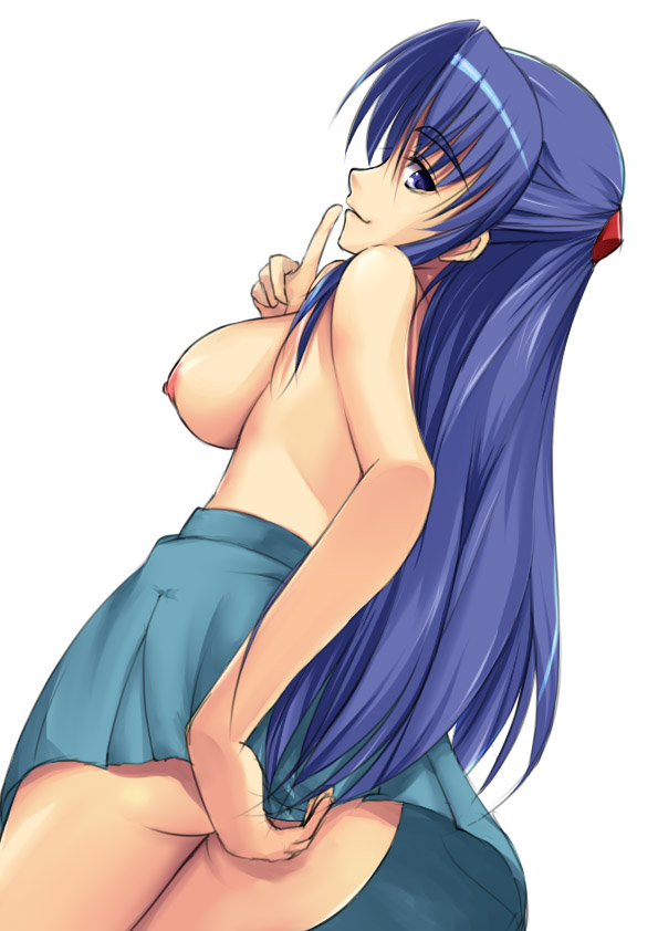 waku, asakura ryoko, suzumiya haruhi no yuuutsu, 00s, 1girl, blue hair, breasts, female focus, half updo, large breasts, nipples, no panties, solo, topless female