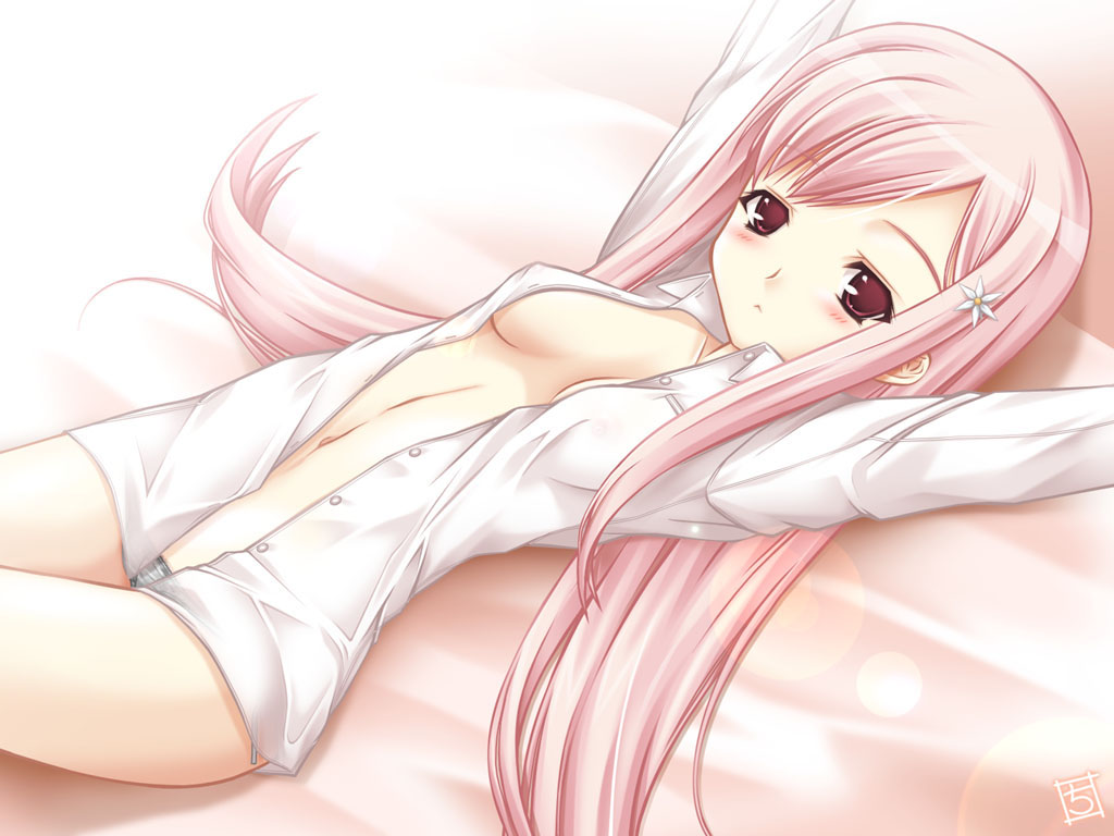 lucy maria misora, to heart (series), to heart 2, 00s, 1girl, :<, arms up, bed, blouse, blush, breasts, female focus, hair ornament, hairclip, legs folded, legs together, lens flare, long hair, lowleg, lowleg panties, lying, no bra, on back, open clothes, open shirt, open skirt, panties, pink eyes, pink hair, purple hair, see-through clothes, shirt, skirt, solo, transparent, underwear, very long hair