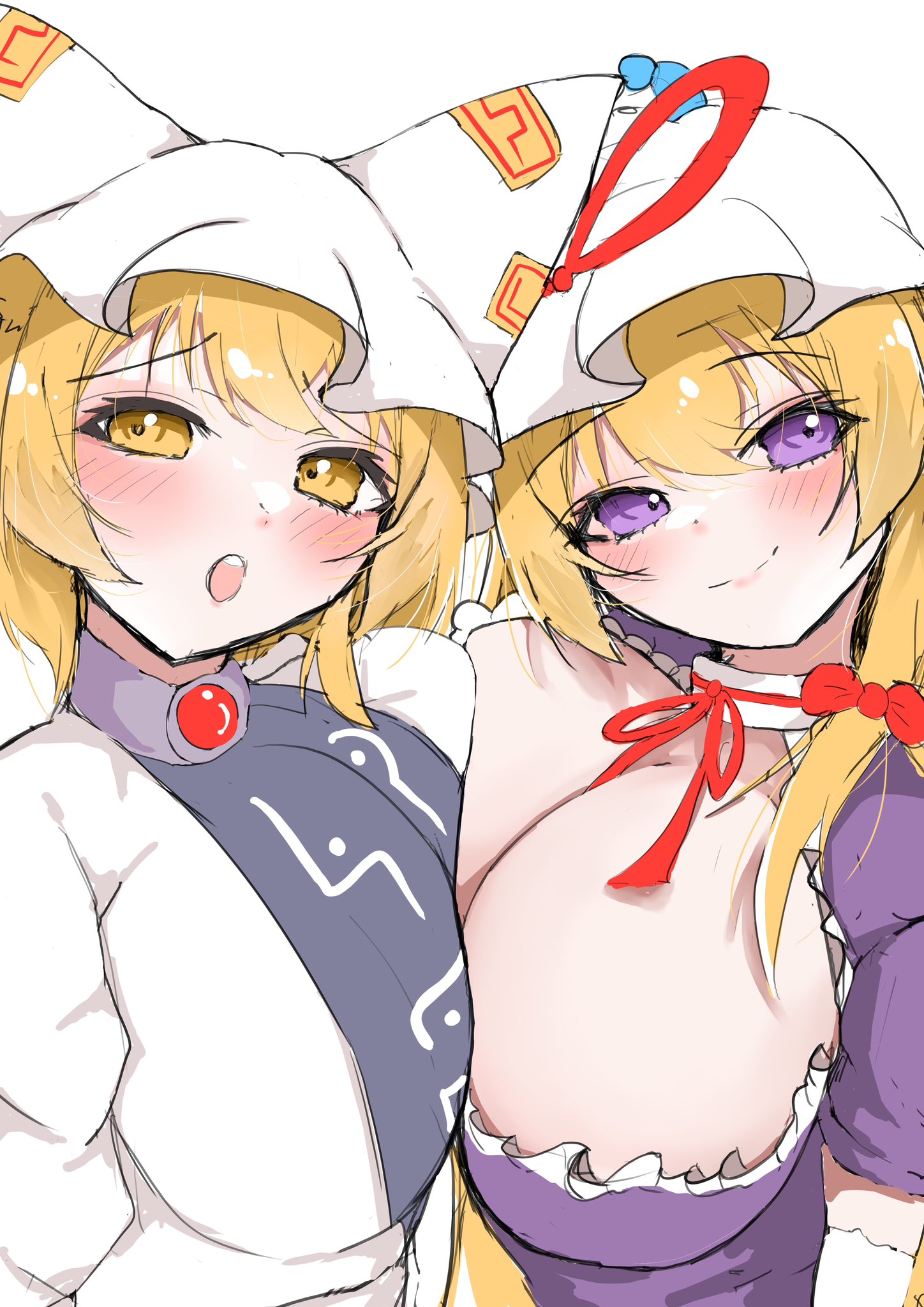 regua, yakumo ran, yakumo yukari, perfect cherry blossom, touhou, commentary, highres, 2girls, animal ears, animal hat, blonde hair, blue tabard, blush, breast press, breasts, choker, cleavage, closed mouth, dock, dress, fox ears, frills, hair between eyes, hair ornament, hair ribbon, hat, hat ribbon, huge breasts, kitsune, looking at viewer, mob cap, multiple girls, neck ribbon, open mouth, purple dress, purple eyes, ribbon, short hair, simple background, smile, symmetrical docking, tabard, upper body, white background, yellow eyes