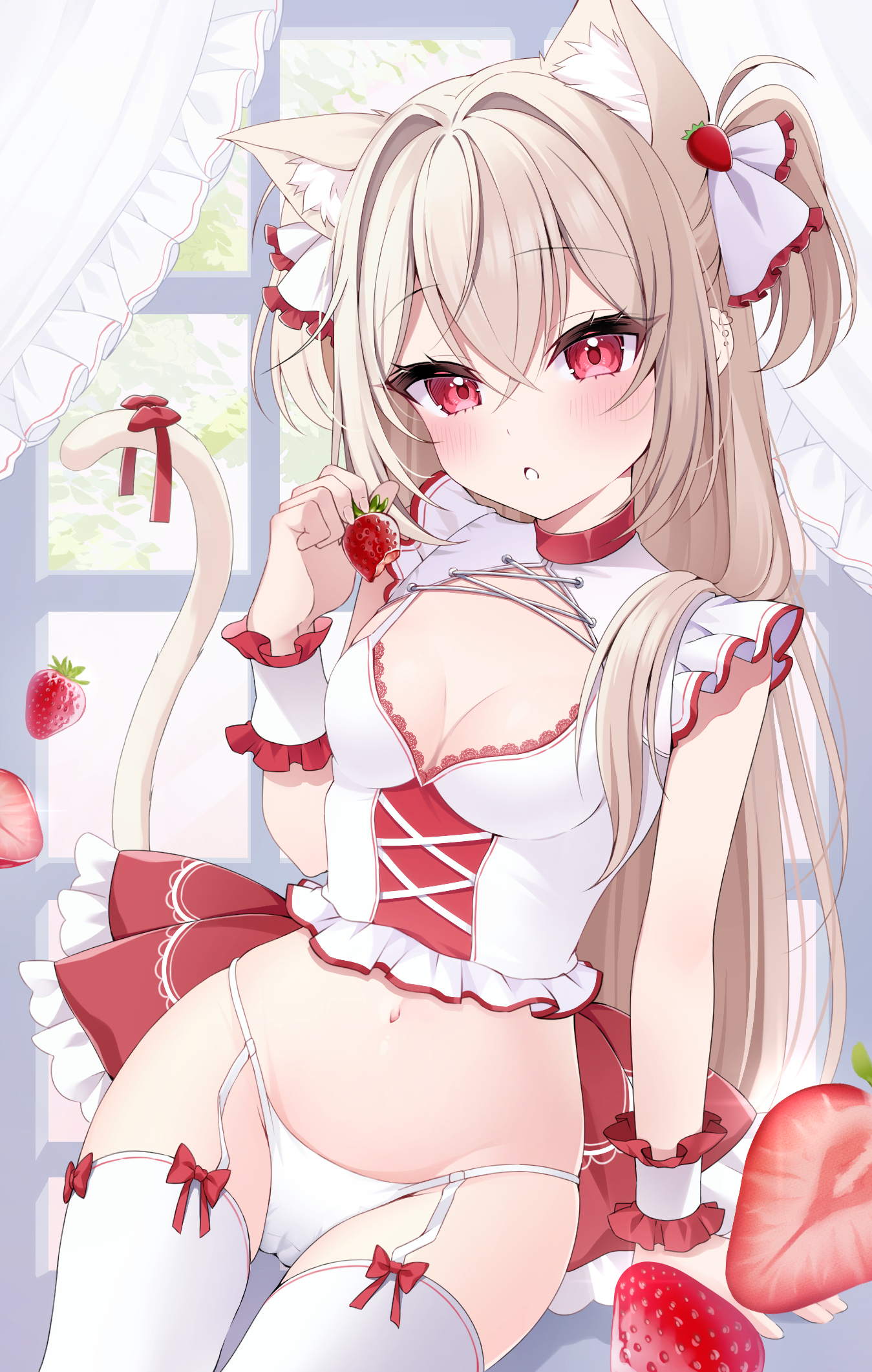 mia (mk2022), original, highres, 1girl, animal ear fluff, animal ears, arm support, blonde hair, blush, bow, breasts, bustier, cat ears, cat girl, cat tail, chestnut mouth, cleavage, cleavage cutout, clothing cutout, cross-laced clothes, crossed bangs, double-parted bangs, extra ears, food, frilled cuffs, fruit, garter straps, holding, holding food, long hair, navel, panties, red eyes, small breasts, solo, strawberry, tail, tail bow, tail ornament, thighhighs, two side up, underwear, very long hair, white panties, white thighhighs, window