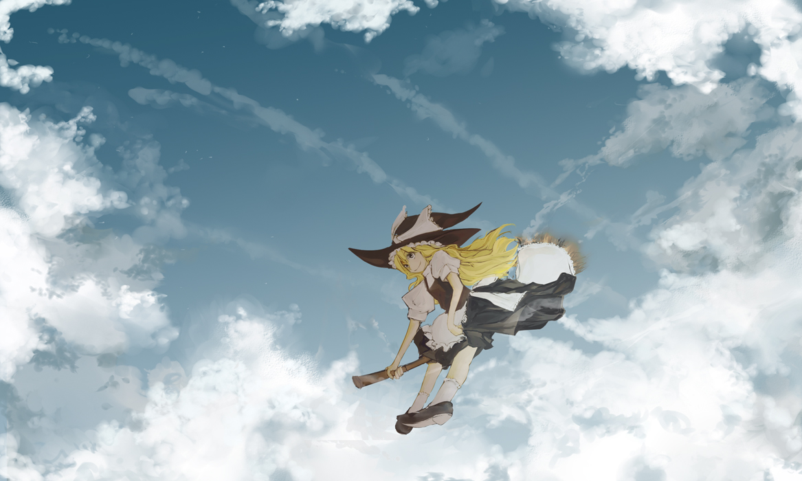kirisame marisa, touhou, 1girl, blonde hair, broom, broom riding, cloud, female focus, hat, outdoors, sky, solo, witch, witch hat