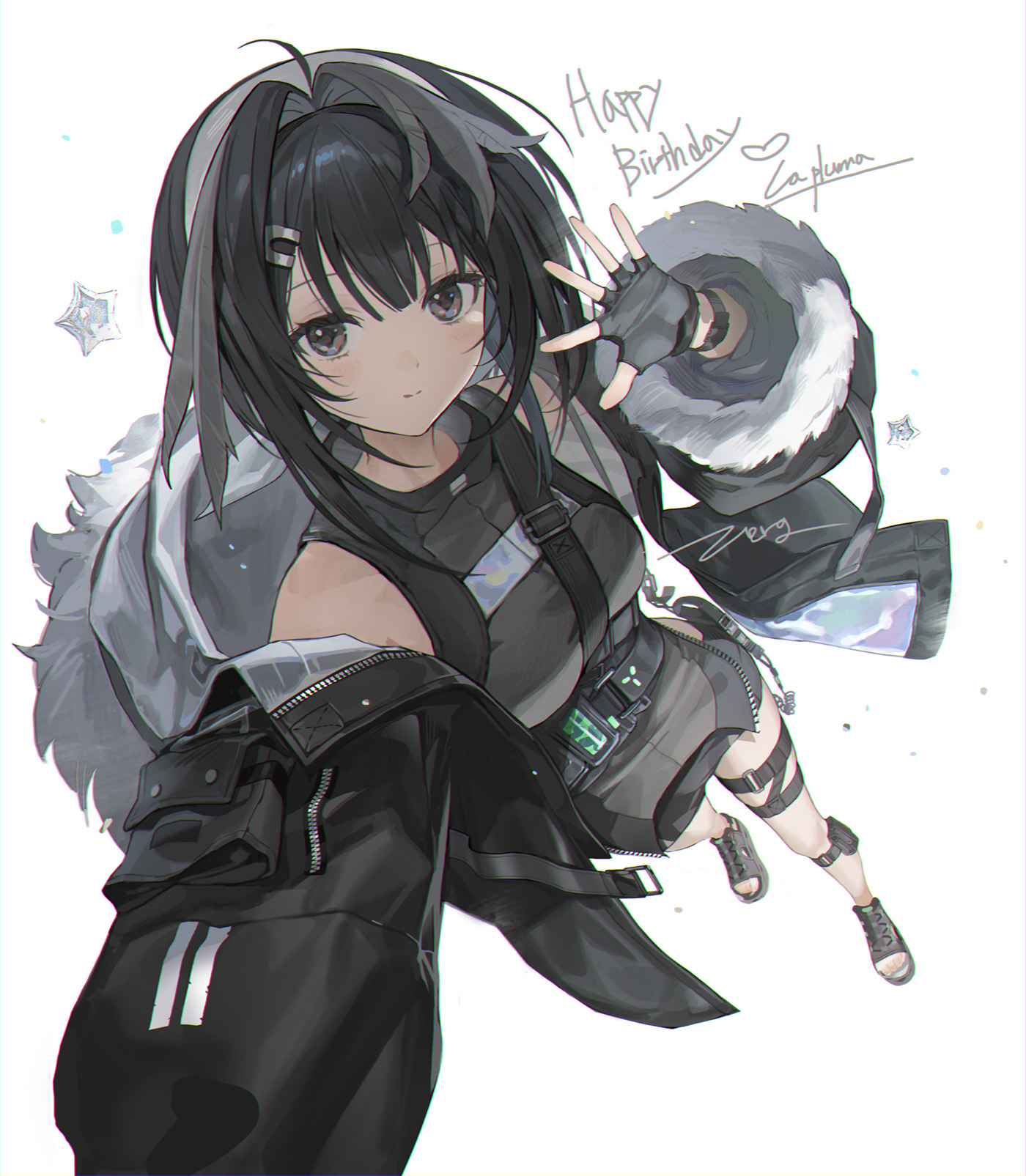 zerg (z79438659), la pluma (arknights), arknights, commentary, highres, 1girl, ahoge, artist name, belt, black hair, black jacket, black sandals, brown eyes, character name, closed mouth, fingerless gloves, foreshortening, from above, fur-trimmed sleeves, fur trim, gloves, grey hairband, hair intakes, hair ornament, hairband, hairclip, happy birthday, hood, hood down, jacket, light blush, looking at viewer, open clothes, open jacket, sandals, short hair, signature, simple background, solo, thigh belt, thigh strap, white background