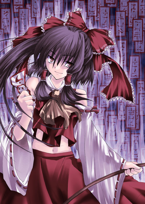 kokono coco, hakurei reimu, touhou, 1girl, female focus, japanese clothes, miko, navel, skirt, solo
