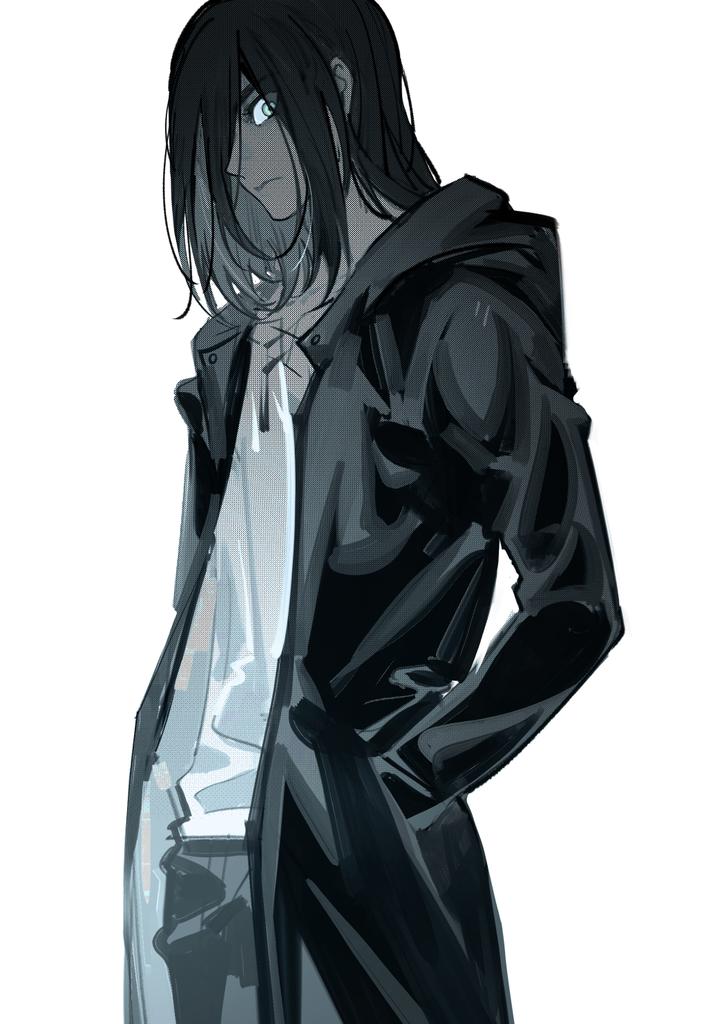 eren yeager, shingeki no kyojin, commentary, hashtag-only commentary, 1boy, blue eyes, closed mouth, coat, film grain, frown, hair behind ear, hand in pocket, long hair, long sleeves, looking to the side, male focus, nonomi106, open clothes, open coat, pants, parted bangs, shirt, simple background, solo, white background