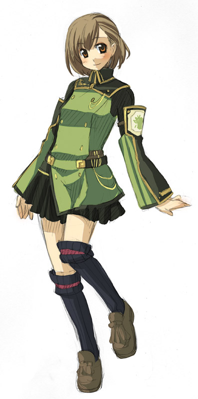 scholar (final fantasy), final fantasy, final fantasy xi, black legwear, 00s, 1girl, arms at sides, belt, black skirt, blush, breasts, brown eyes, brown hair, brown shoes, buttons, dress, female focus, full body, green dress, hume, loafers, long sleeves, looking at viewer, shoes, short hair, simple background, skirt, smile, solo, standing, standing on one leg, white background