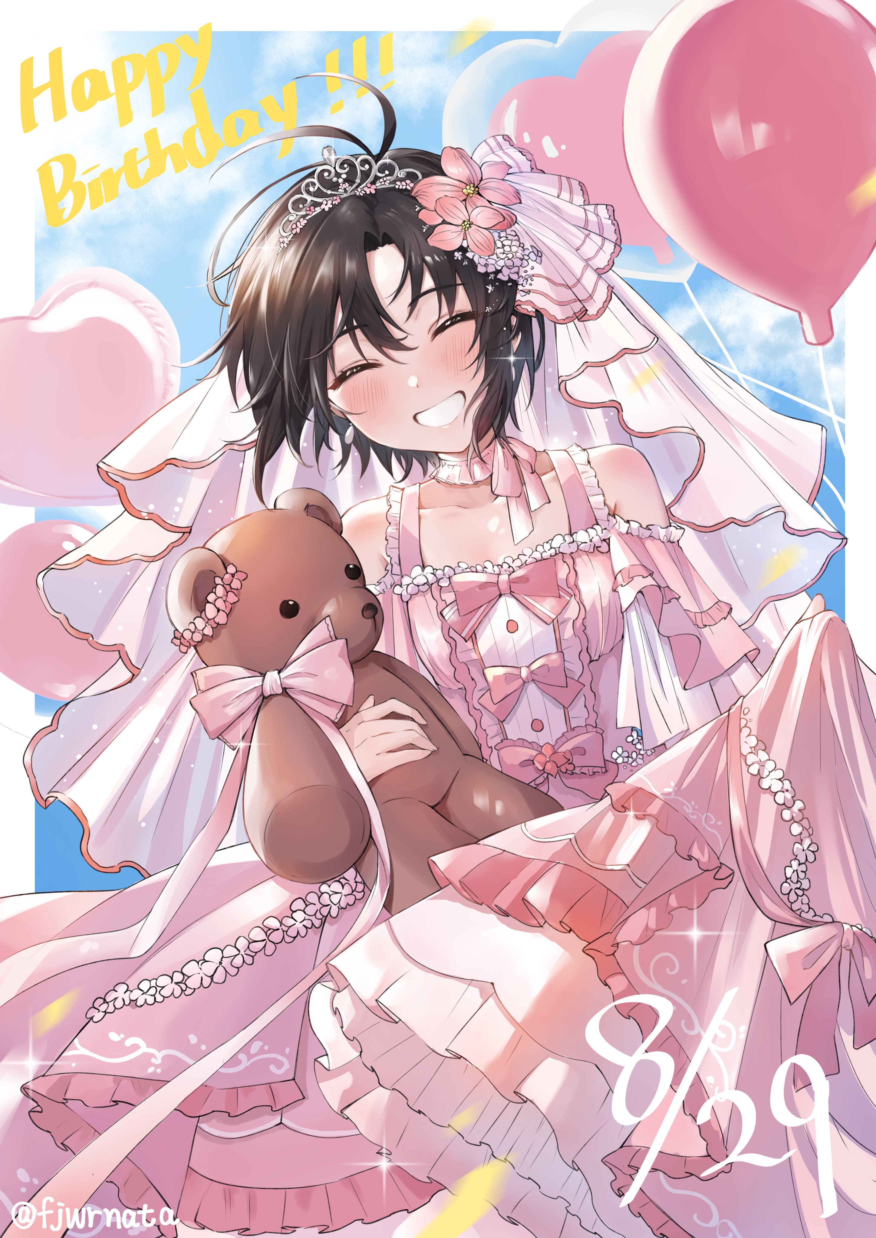 aburi-gatana, kikuchi makoto, idolmaster, idolmaster (classic), idolmaster million live!, idolmaster million live! theater days, absurdres, highres, 1girl, ^ ^, antenna hair, balloon, black hair, blue sky, blush, border, closed eyes, cloud, collar, collarbone, dated, day, detached collar, dress, earrings, eyelashes, flower, frilled collar, frilled dress, frills, glint, grin, hair flower, hair ornament, happy, holding, holding stuffed toy, jewelry, messy hair, open mouth, outside border, parted bangs, pink collar, pink dress, pink ribbon, ribbon, short hair, sky, smile, solo, stuffed animal, stuffed toy, teddy bear, teeth, tiara, twitter username, wedding dress, white border