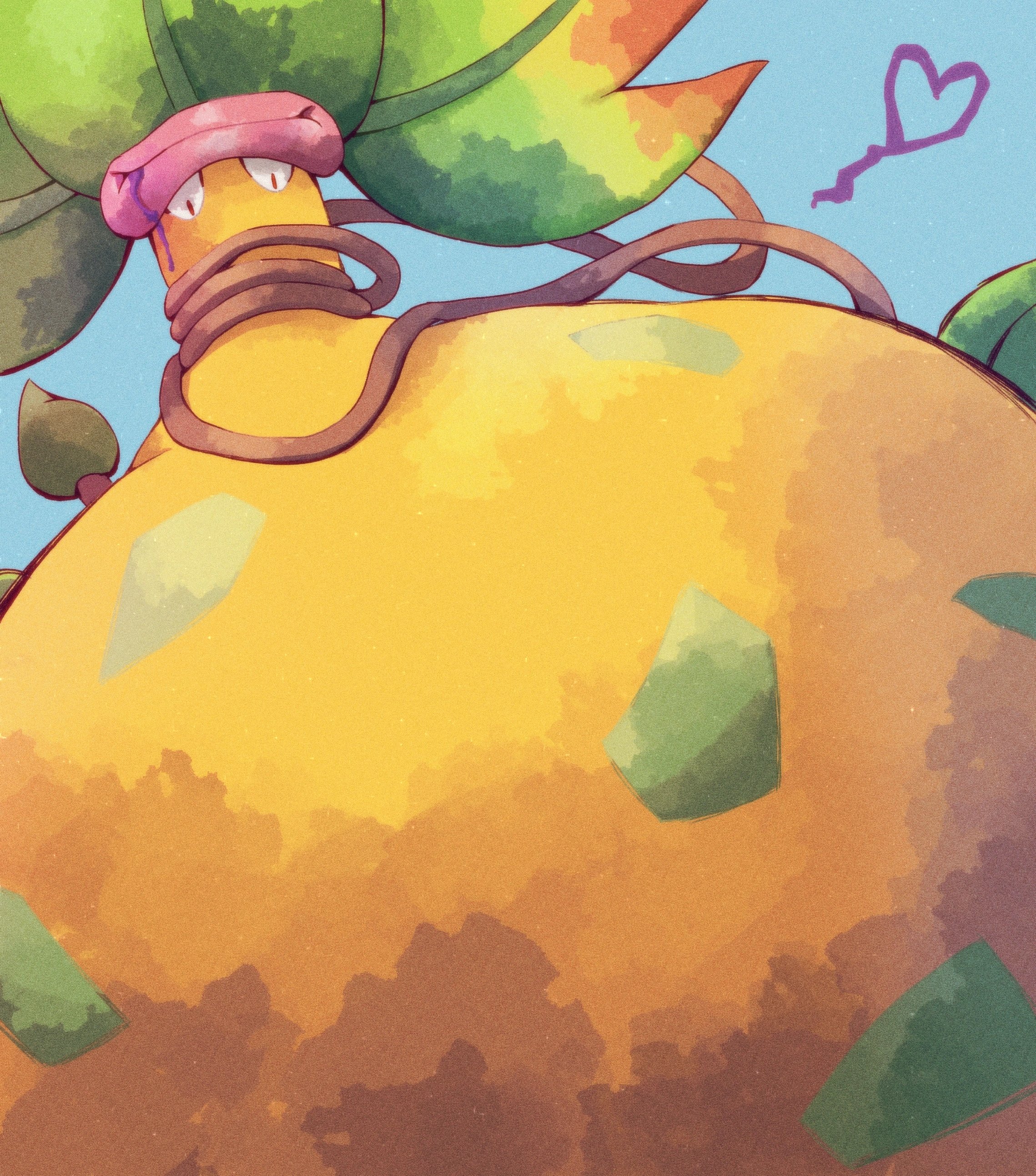 missou shiro, mega victreebel, victreebel, nintendo, pokemon, absurdres, highres, closed mouth, colored skin, gen 1 pokemon, heart, leaf, mega pokemon, no humans, pink lips, plant, plant monster, pokemon (creature), pokemon focus, simple background, solo, vines, yellow skin