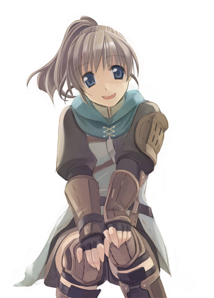 ranger, final fantasy, final fantasy xi, 00s, 1girl, :d, arm guards, armor, belt, blue eyes, brown hair, cowboy shot, female focus, hands on own knees, hume, leather, looking at viewer, open mouth, ponytail, scarf, short hair, shoulder pads, simple background, sitting, smile, solo, white background