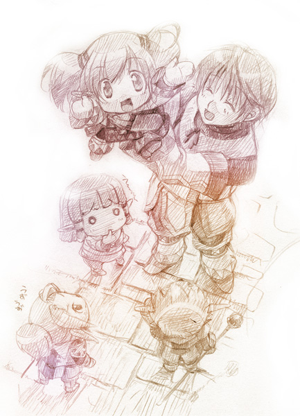 black mage (final fantasy), red mage (final fantasy), summoner (final fantasy), white mage (final fantasy), final fantasy, final fantasy xi, 00s, 2girls, 3boys, hume, monochrome, multiple boys, multiple girls, sketch, summoner, tarutaru