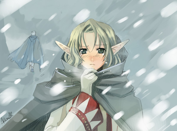 elvaan, white mage (final fantasy), final fantasy, final fantasy xi, 00s, 1boy, 1girl, elf, female focus, outdoors, pointy ears, snow, snowing, solo, tears