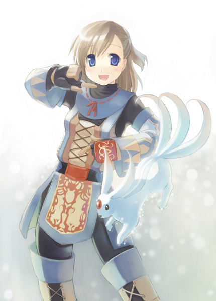 carbuncle (final fantasy), summoner (final fantasy), final fantasy, final fantasy xi, uniform, 00s, 1girl, :d, belt, black gloves, blonde hair, blue eyes, blush, contrapposto, creature, cross-laced clothes, female focus, gloves, half updo, hume, loincloth, looking at viewer, multiple tails, open mouth, short hair, smile, solo, standing, summoner, tail