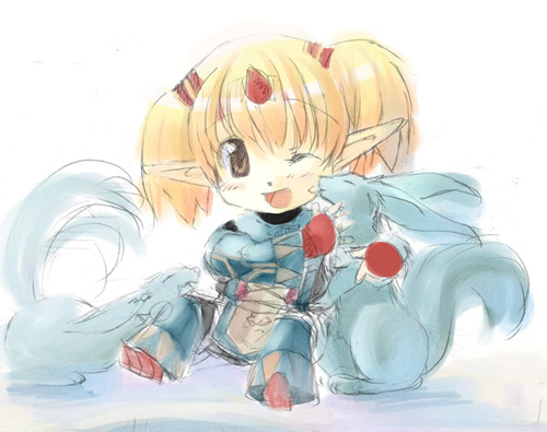carbuncle (final fantasy), summoner (final fantasy), final fantasy, final fantasy xi, uniform, lowres, 00s, 1girl, blue boots, boots, creature, female focus, fingerless gloves, full body, gloves, horns, knee boots, licking, licking another's face, long sleeves, looking at viewer, pointy ears, red gloves, simple background, single horn, sitting, sketch, solo, summoner, tareme, tarutaru, tongue, tongue out, twintails, white background, wide sleeves
