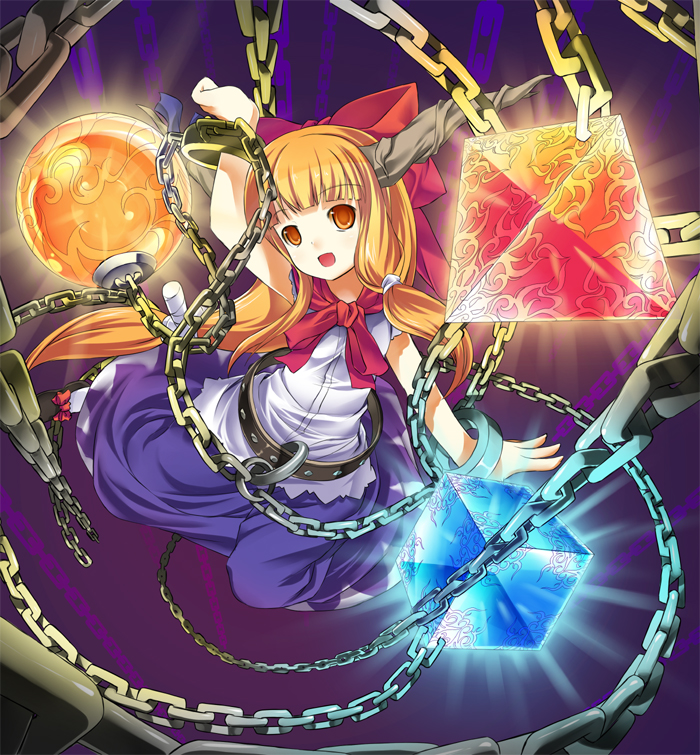 shiratama dango, ibuki suika, touhou, 1girl, :d, bow, chain, female focus, hair bow, horns, large bow, long hair, open mouth, orange eyes, orange hair, smile, solo