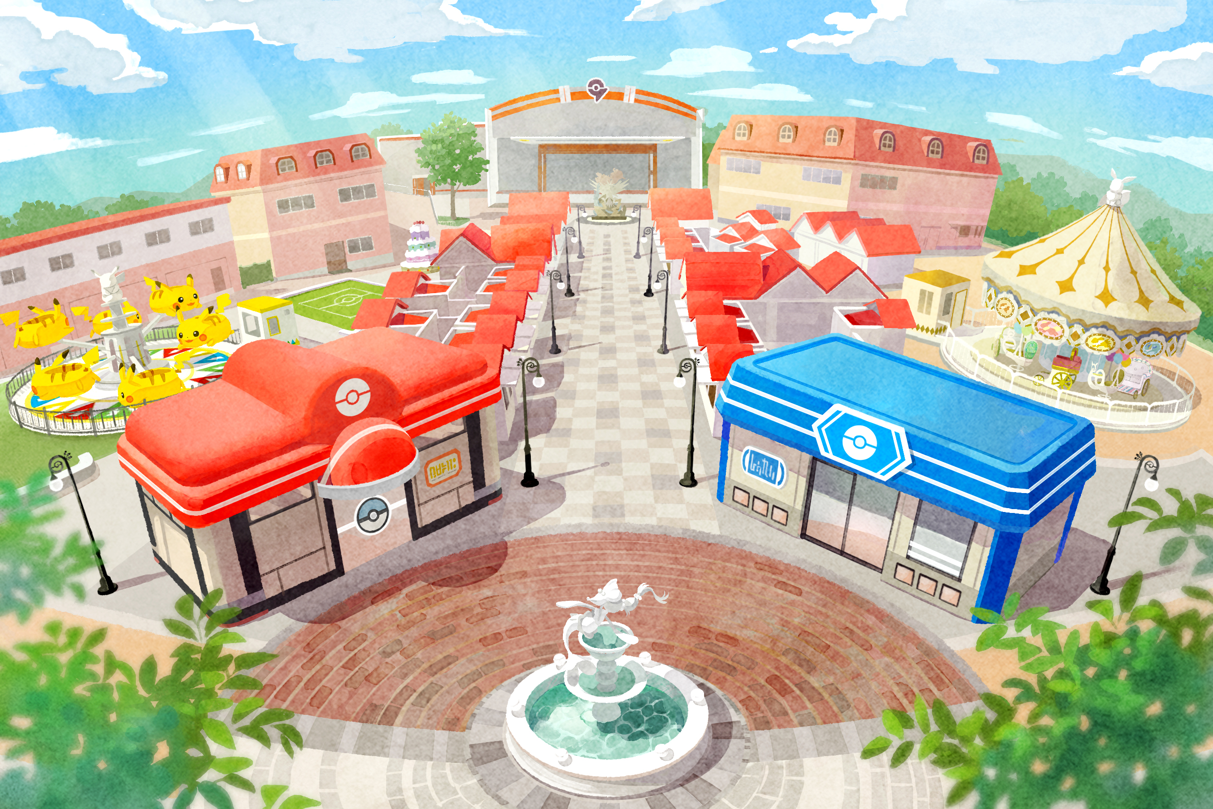 eevee, flareon, jolteon, pikachu, primarina, vaporeon, zapdos, nintendo, pokemon, artist request, commentary request, highres, official art, second-party source, blue sky, building, carousel, cloud, day, fountain, gen 1 pokemon, gen 7 pokemon, lamppost, leaf, legendary pokemon, no humans, outdoors, poke ball symbol, poke mart, pokemon center, pokemon gym, scenery, sky, statue, tree