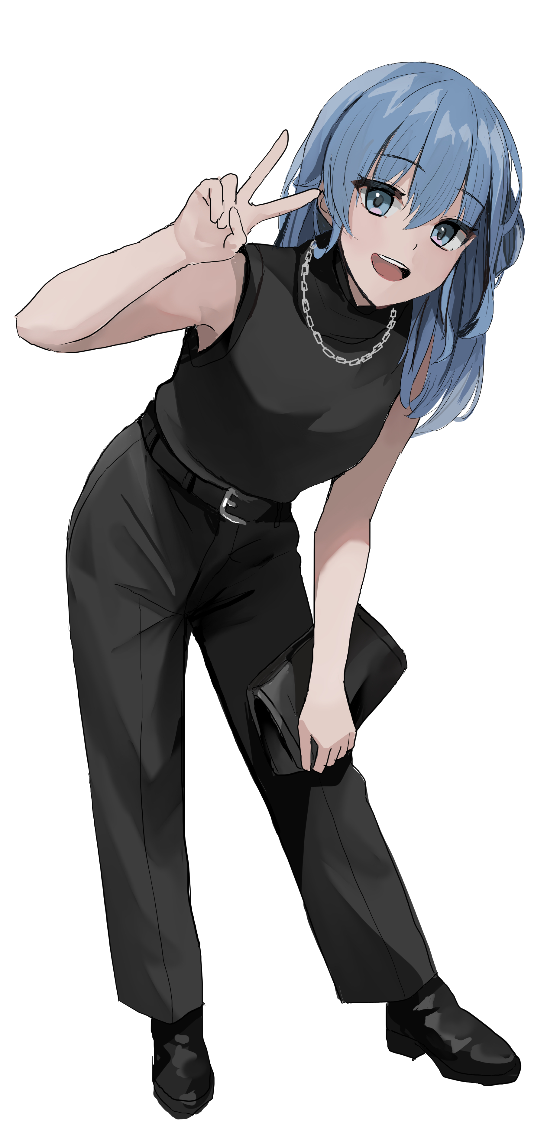 sakuradakey, hoshimachi suisei, hololive, absurdres, highres, 1girl, bag, black pants, blue eyes, blue hair, chain, chain necklace, handbag, jewelry, long hair, looking at viewer, necklace, open mouth, pants, sleeveless, smile, v