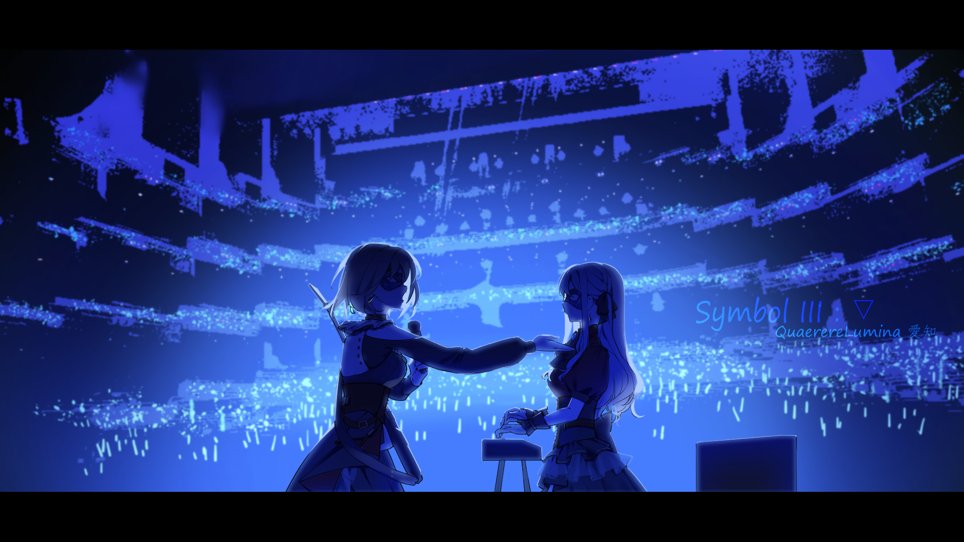 doloris (bang dream!), misumi uika, oblivionis (bang dream!), togawa sakiko, bang dream!, bang dream! it's mygo!!!!!, commentary request, highres, 2girls, audience, blue theme, corset, dress, glowstick, guitar, hayashi mujina, holding, holding guitar, holding instrument, holding microphone, instrument, keyboard (instrument), letterboxed, long hair, mask, masquerade mask, microphone, multiple girls, penlight (glowstick), shirt, short hair, sidelocks, wrist cuffs