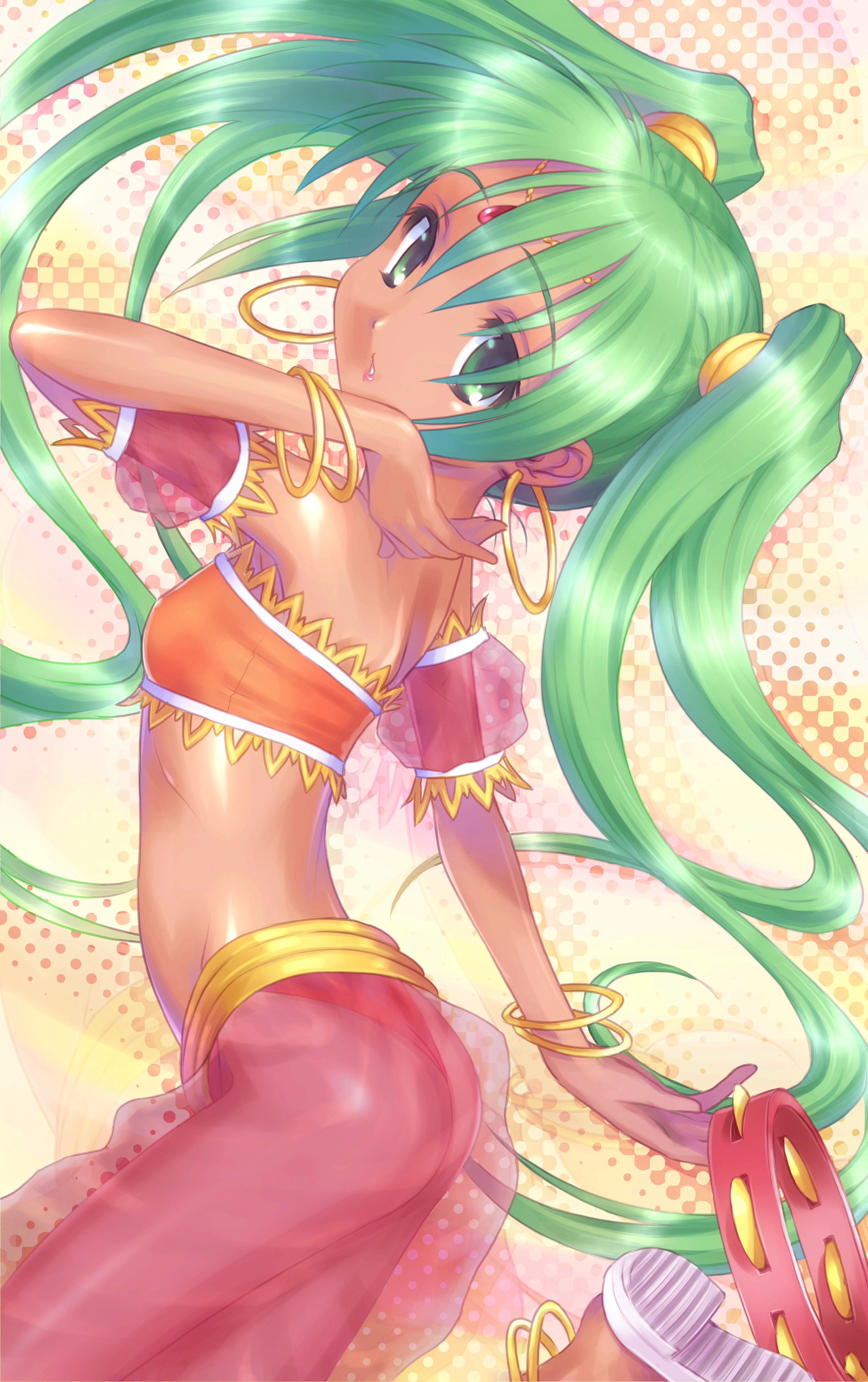 goto p, absurdres, highres, dark-skinned female, dark skin, earrings, green eyes, green hair, hoop earrings, instrument, jewelry, long hair, see-through clothes, solo, tambourine, twintails, very long hair