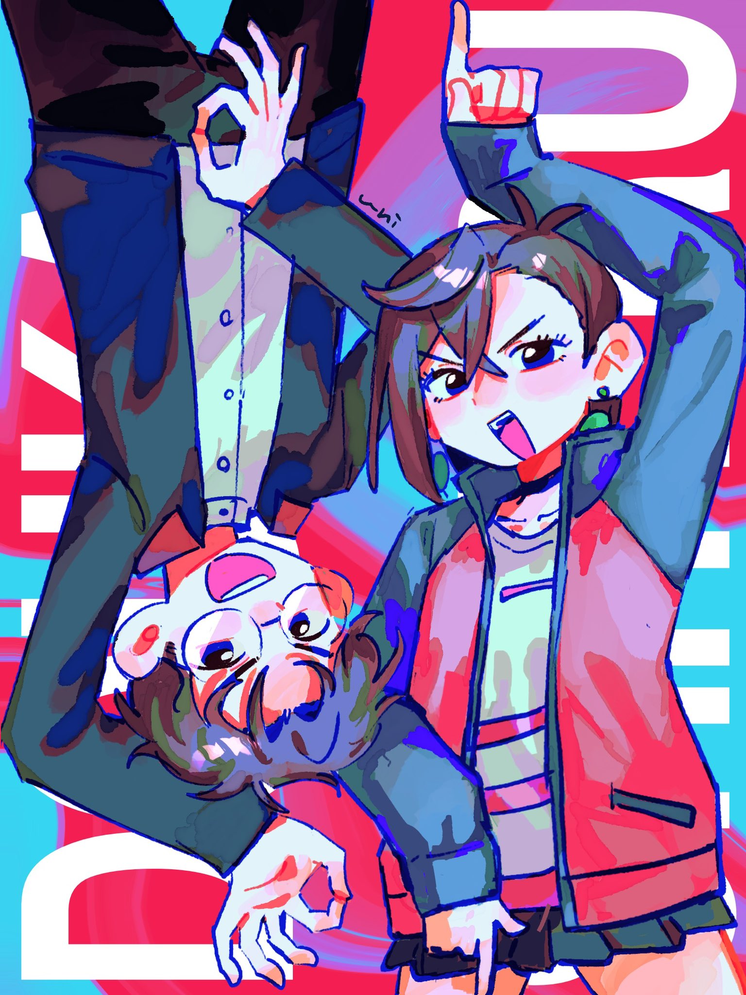uni (y36908), ayase momo, takakura ken (dandadan), dandadan, commentary request, highres, 1boy, 1girl, arm up, black choker, black hair, black jacket, black skirt, blush, brown hair, choker, collarbone, cowboy shot, crossed bangs, earrings, glasses, hair behind ear, hair between eyes, index finger raised, jacket, jewelry, looking at viewer, miniskirt, official alternate costume, ok sign, open clothes, open jacket, open mouth, pleated skirt, pointing, pointing down, pointing up, red jacket, round eyewear, shirt, short hair, skirt, upside-down, white shirt