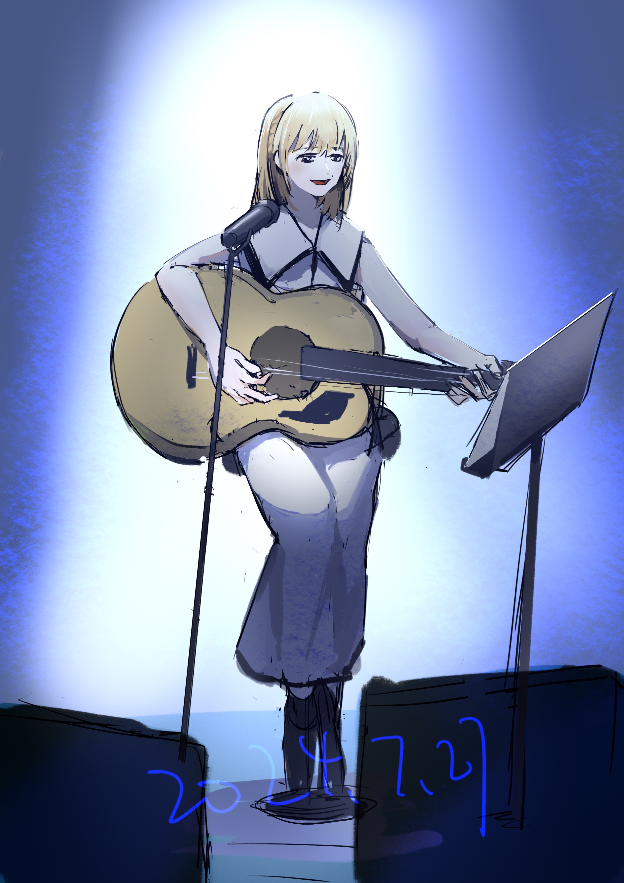 real life, absurdres, commentary request, highres, 1girl, acoustic guitar, black hair, blonde hair, dated, dress, guitar, hayashi mujina, instrument, medium hair, microphone, open mouth, sasaki rico (voice actor), sleeveless, sleeveless dress, solo, white dress
