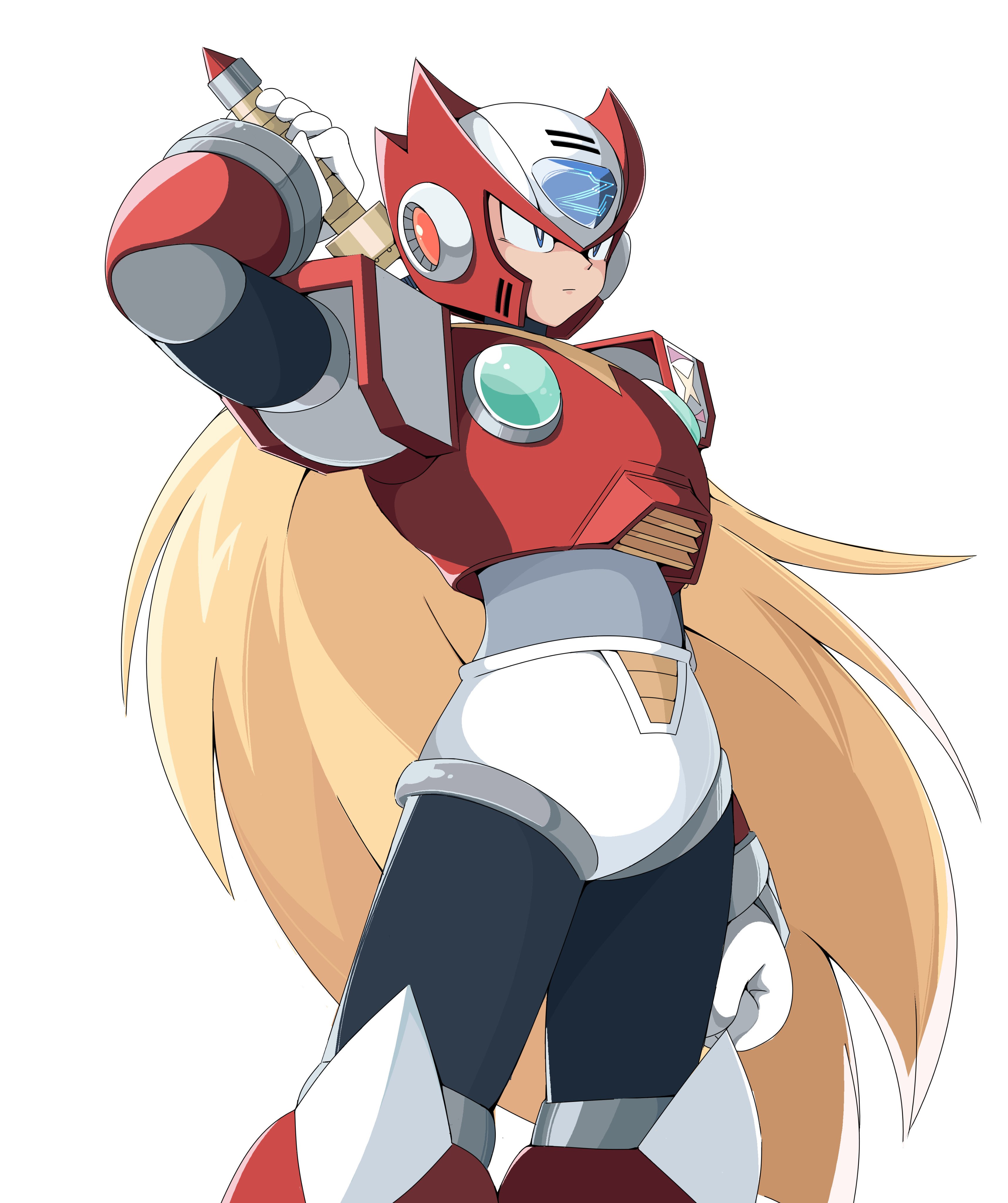 slyger ex, zero (mega man), mega man (series), mega man x (series), absurdres, highres, 1boy, android, armor, blonde hair, blue eyes, chest jewel, cowboy shot, forehead jewel, helmet, holding, male focus, red armor, red helmet, simple background, solo, white background