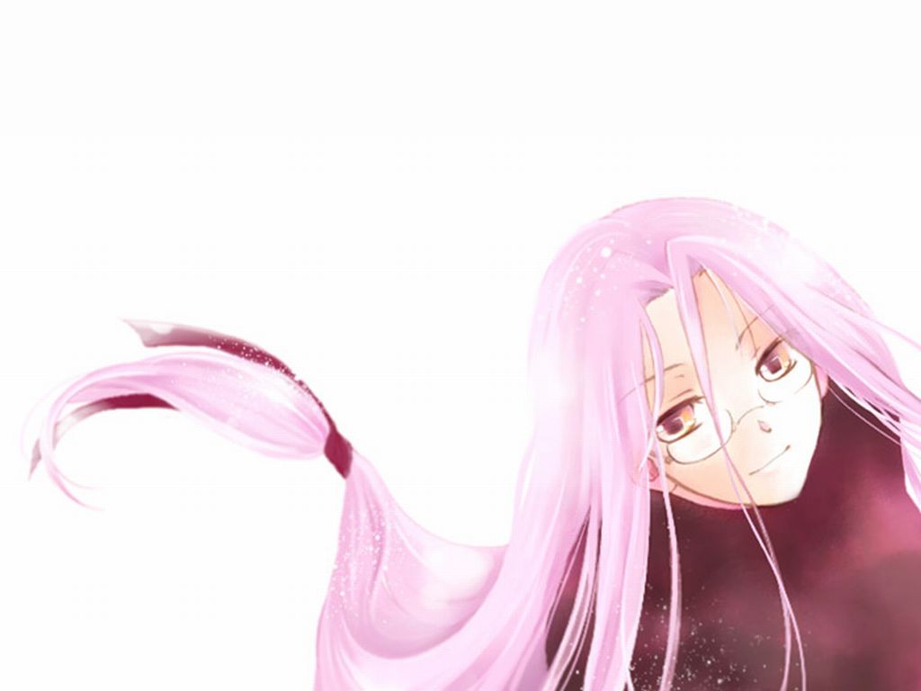 medusa (fate), medusa (rider) (fate), fate/stay night, fate (series), non-web source, 00s, 1girl, female focus, glasses, long hair, low-tied long hair, official alternate costume, pink hair, solo, square pupils