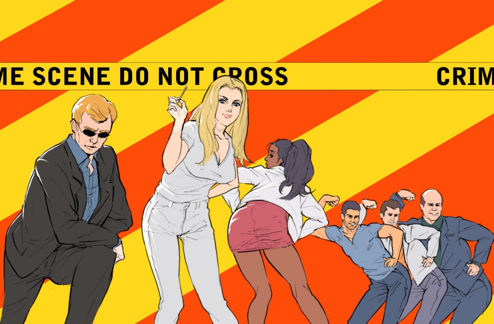 alexx woods, calleigh duquesne, eric delko, frank tripp, horatio caine, ryan wolfe, tim speedle, broccoli (company), csi, csi miami, galaxy angel, galaxy angel rune, 2girls, 4boys, animification, arm support, ass, bald, bare legs, beard, beard stubble, bent over, black hair, blonde hair, breasts, caution tape, cleavage, cotton swab, crossover, dark skin, denim, english text, facial hair, formal clothes, ga rune pose, gloves, grin, hand on own hip, holding, jeans, knee up, kneepits, large breasts, leaning, leaning forward, lips, long hair, long sleeves, looking back, manly, miniskirt, multiple boys, multiple girls, muscular, open clothes, orange hair, pants, parody, pencil skirt, shirt, short hair, short sleeves, skirt, smile, standing, striped background, stubble, suit, sunglasses, what